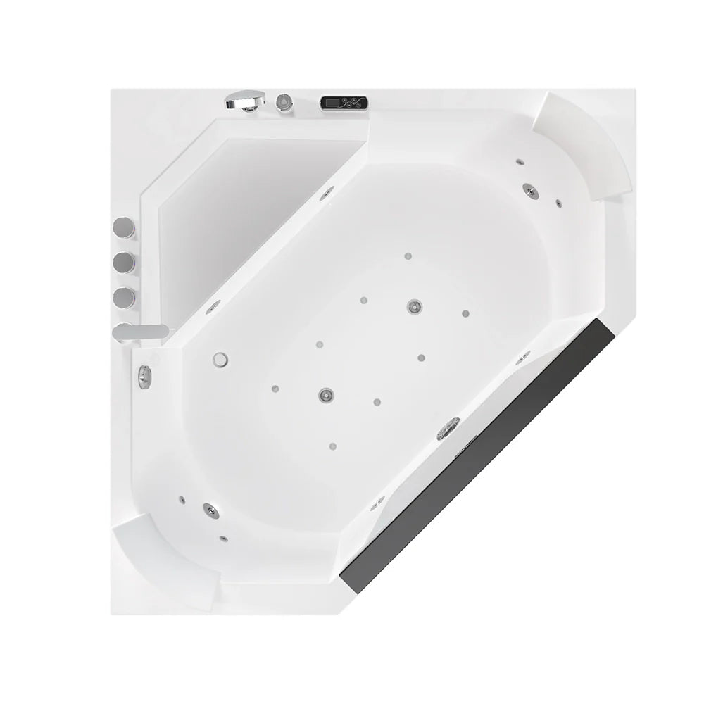 White whirlpool tub interior with jet holes and integrated control strip on the back