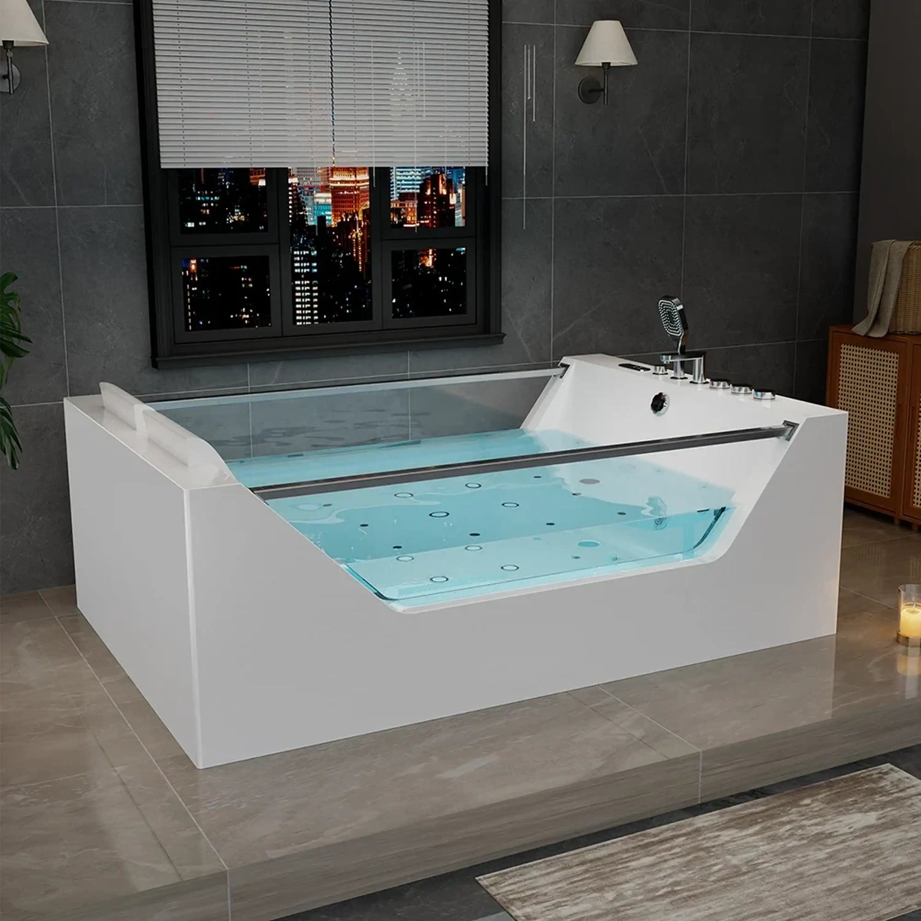 White freestanding whirlpool bathtub with blue-lit jets and dual glass panels