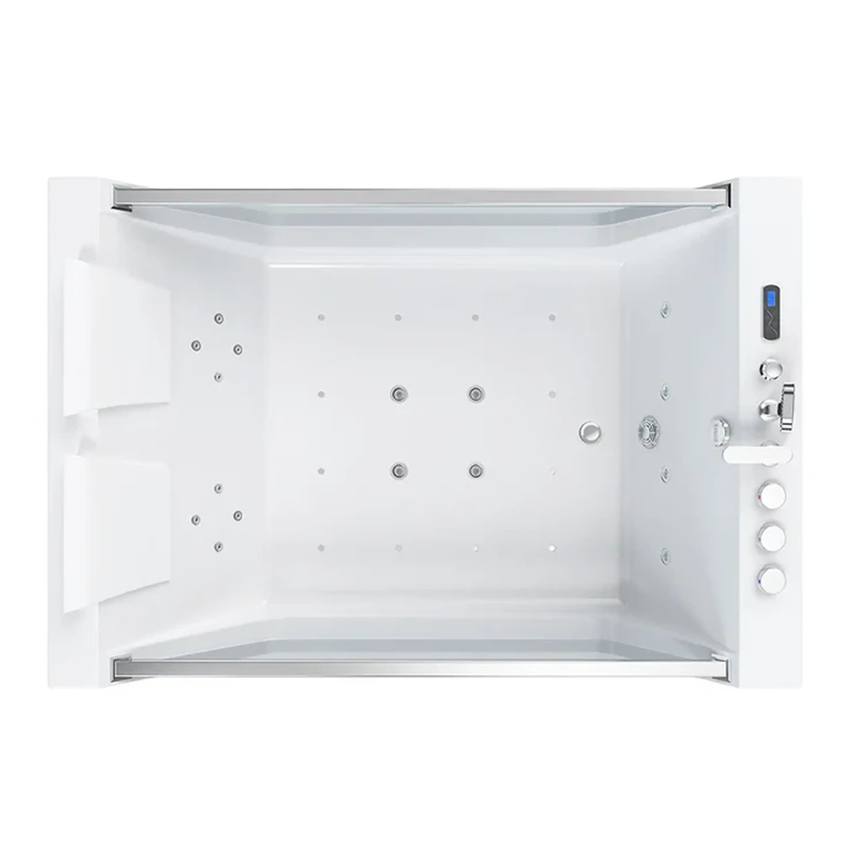 White freestanding whirlpool bathtub underside with visible jet ports and panel