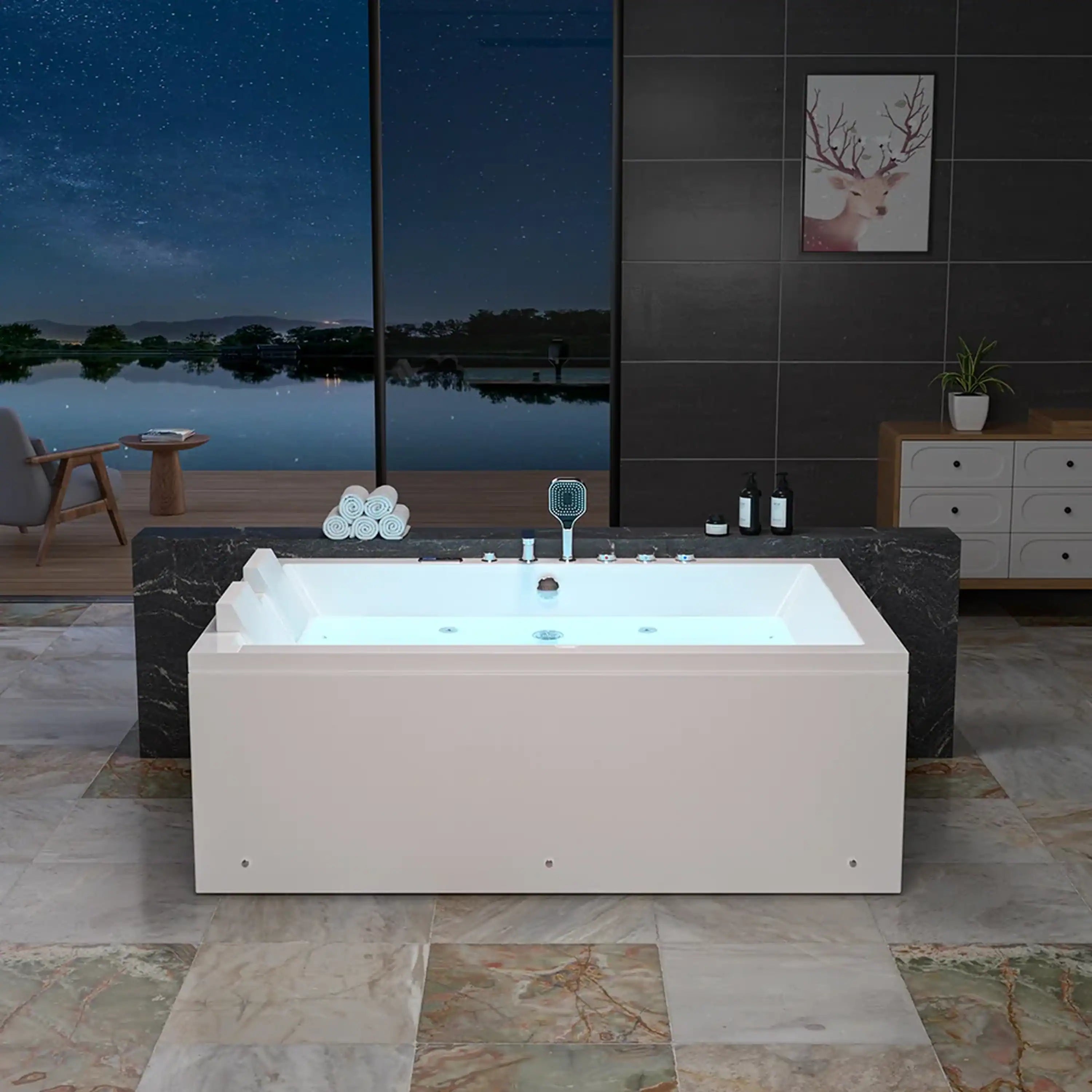 White alcove dual-massage whirlpool bathtub with center drain, wide room view