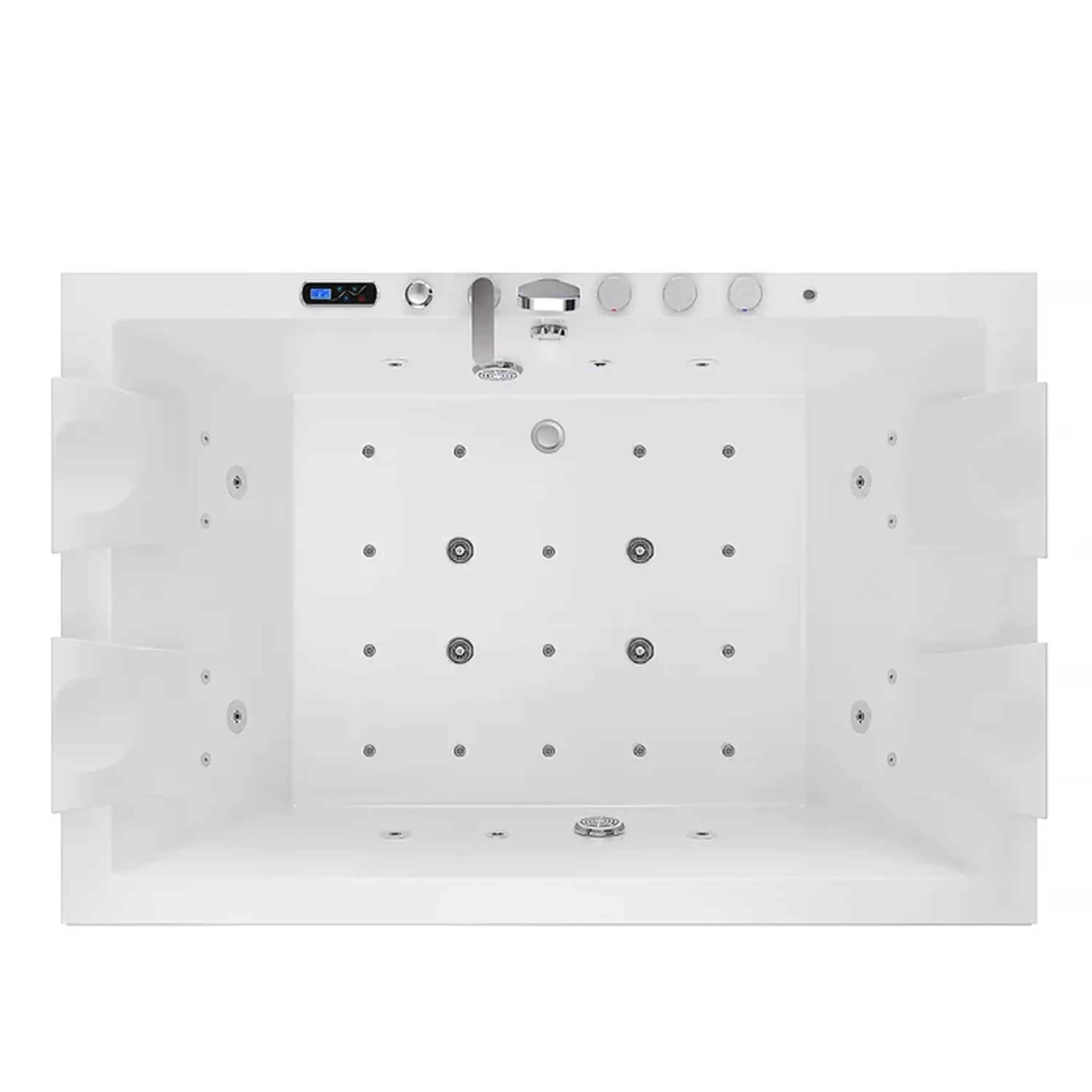 White whirlpool bathtub back panel with many jet nozzles and overhead shower fixture