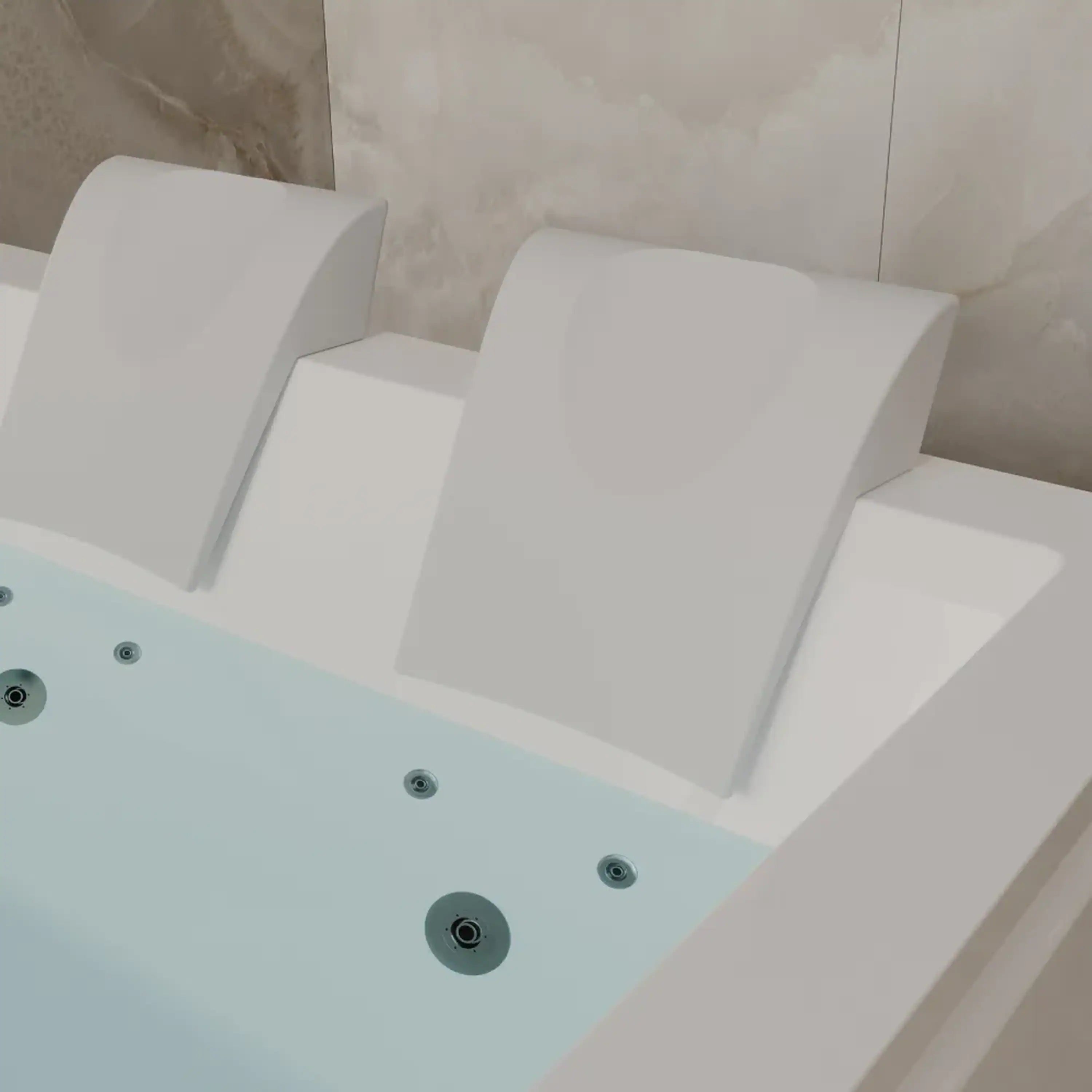 White whirlpool bathtub with built-in side seats and multiple jet openings on base