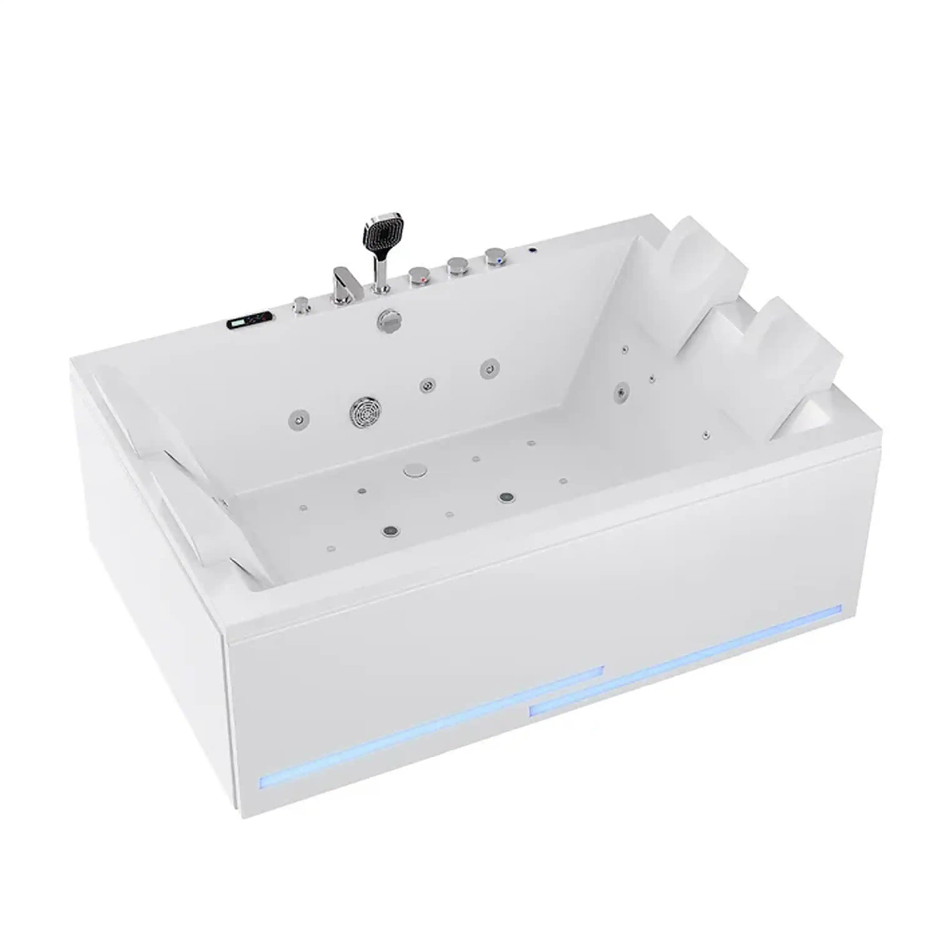 White 2-person whirlpool bathtub with jet nozzles, overhead shower head, and control panel