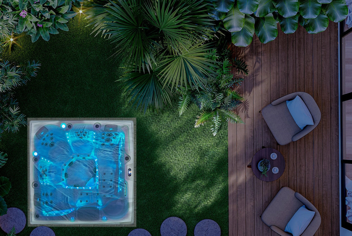 Square outdoor hot tub with blue-lit water and multiple whirlpool jets
