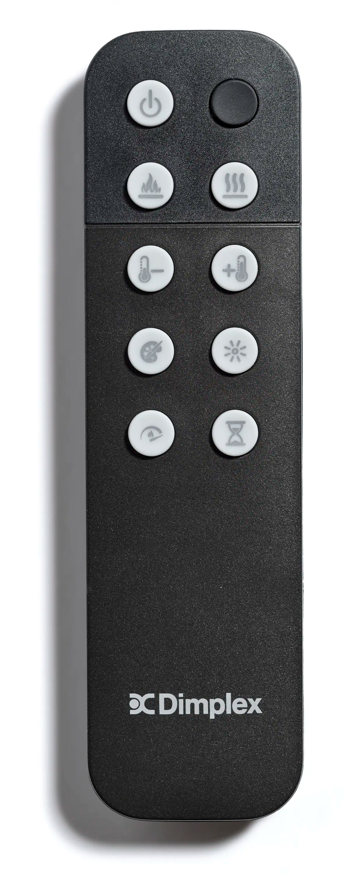 Dimplex electric fireplace remote control with button icons on dark gray casing