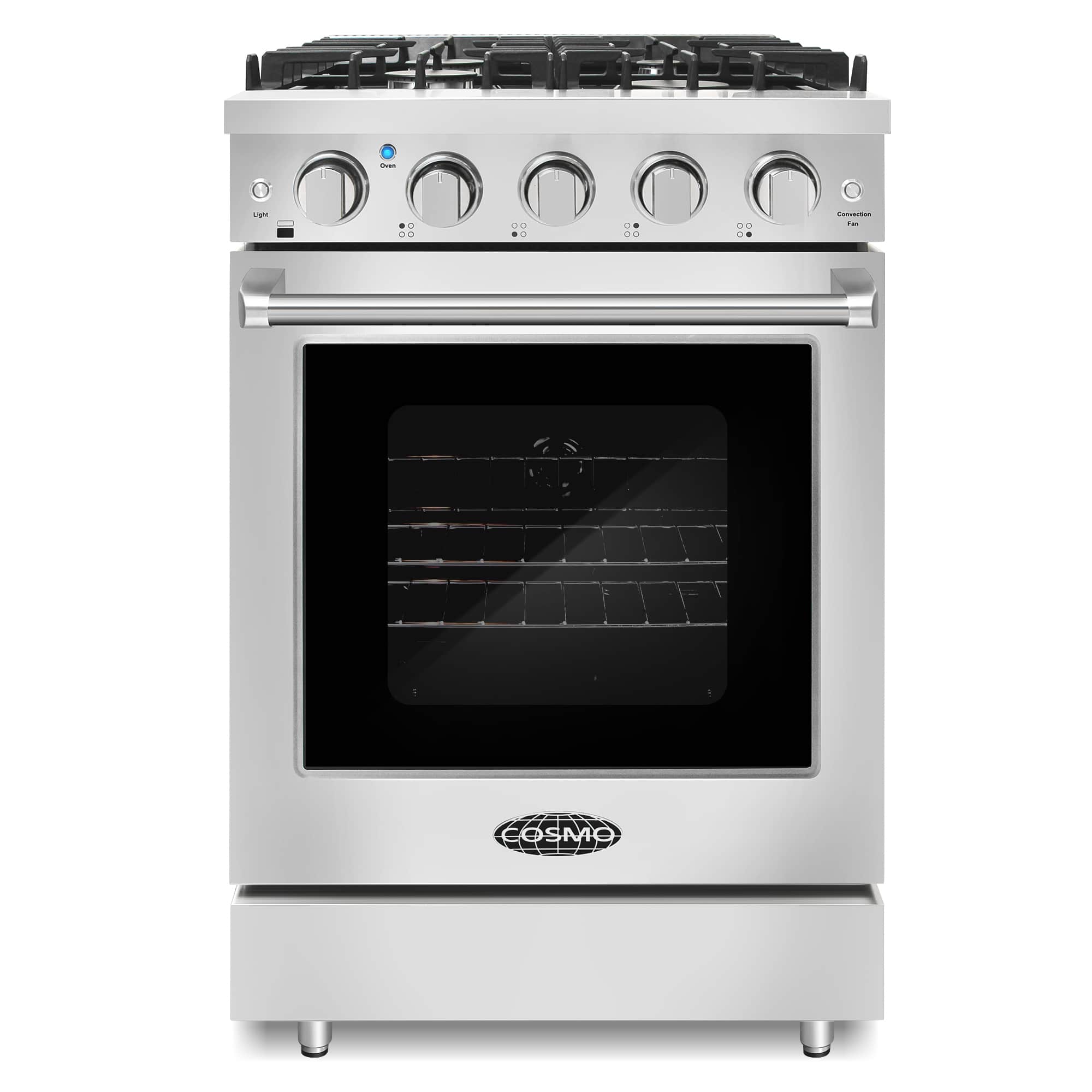 Stainless steel freestanding gas range with burner grates and oven window