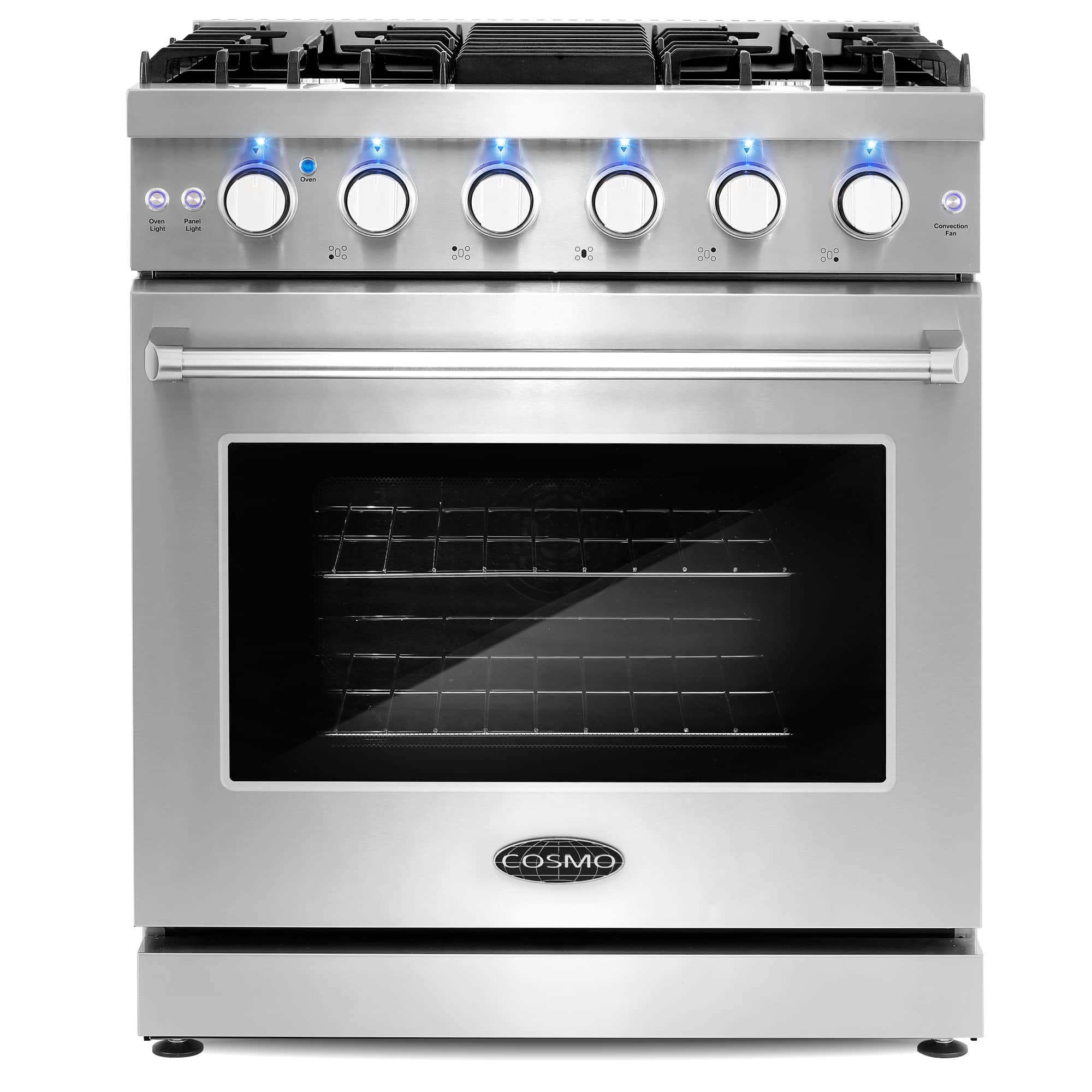Stainless steel gas range with blue-lit burner knobs and oven window