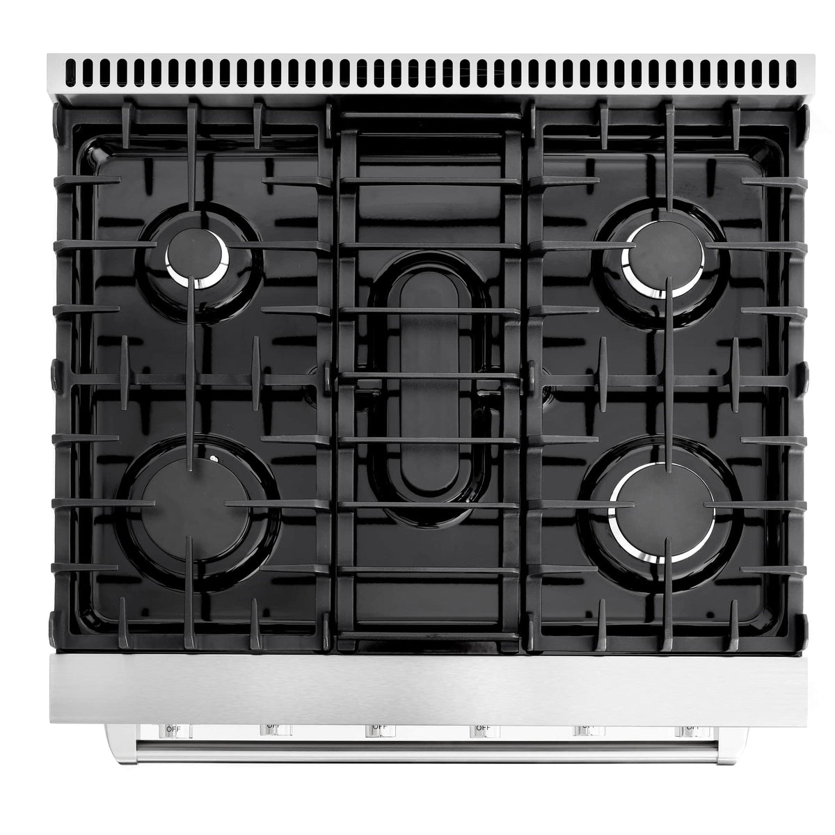 Stainless steel gas range cooktop with five burners and black grate supports