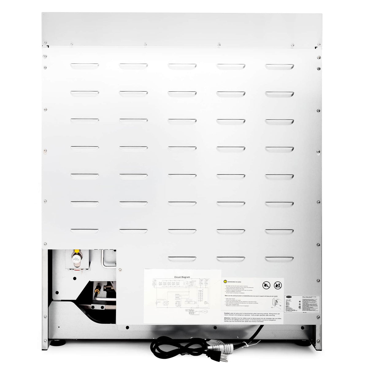 White gas range back panel cover with vents and attached power cord