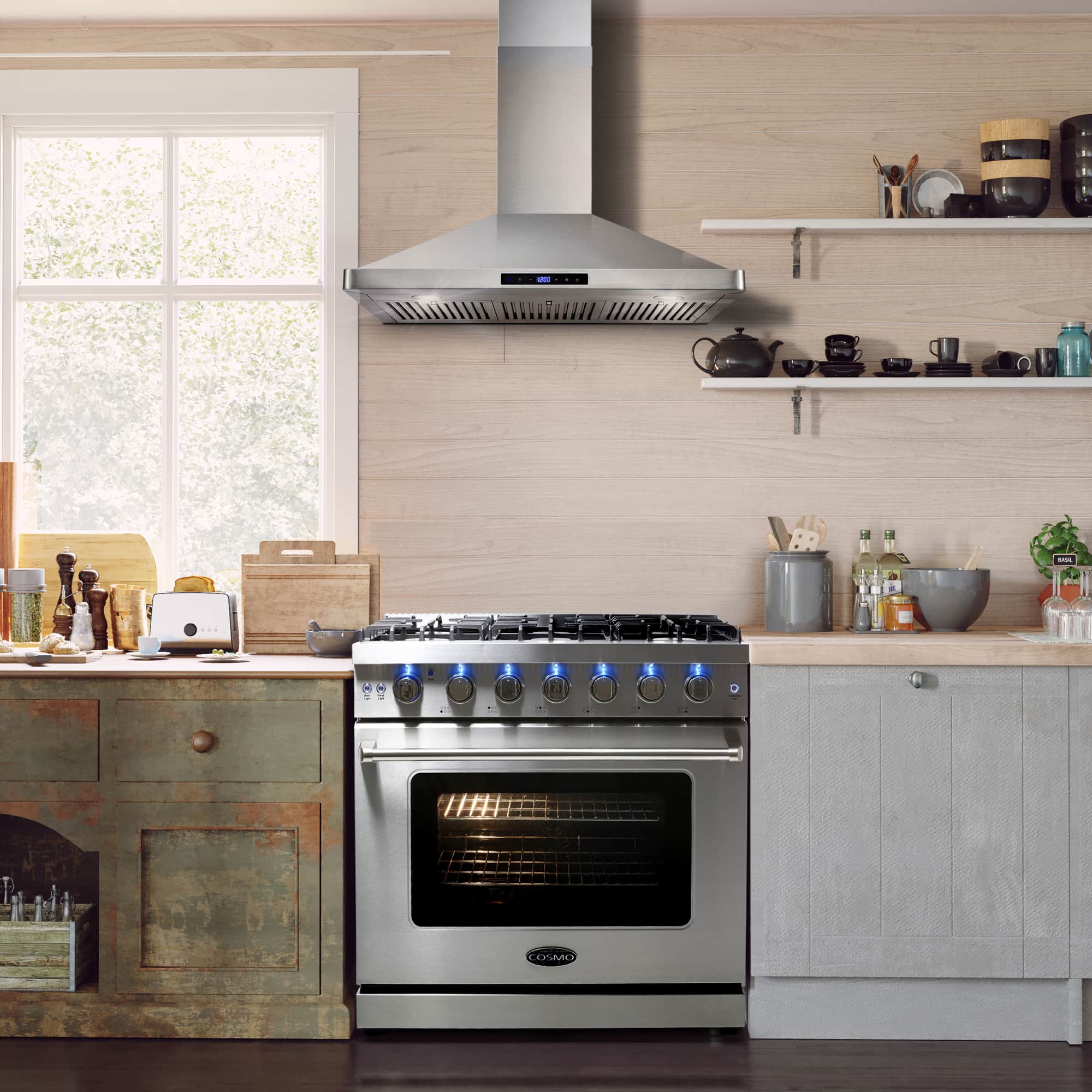 Stainless steel gas range with six burners, blue control knobs, and large oven door