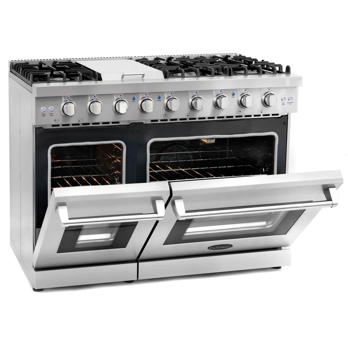 Stainless gas range with both ovens open and heating elements visible inside