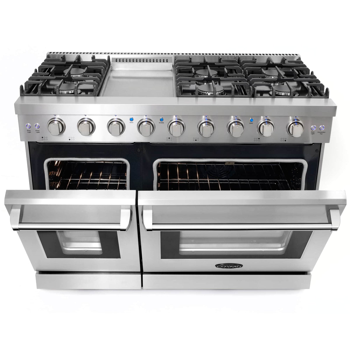 Stainless steel double oven gas range with oven doors open and full-width storage drawers