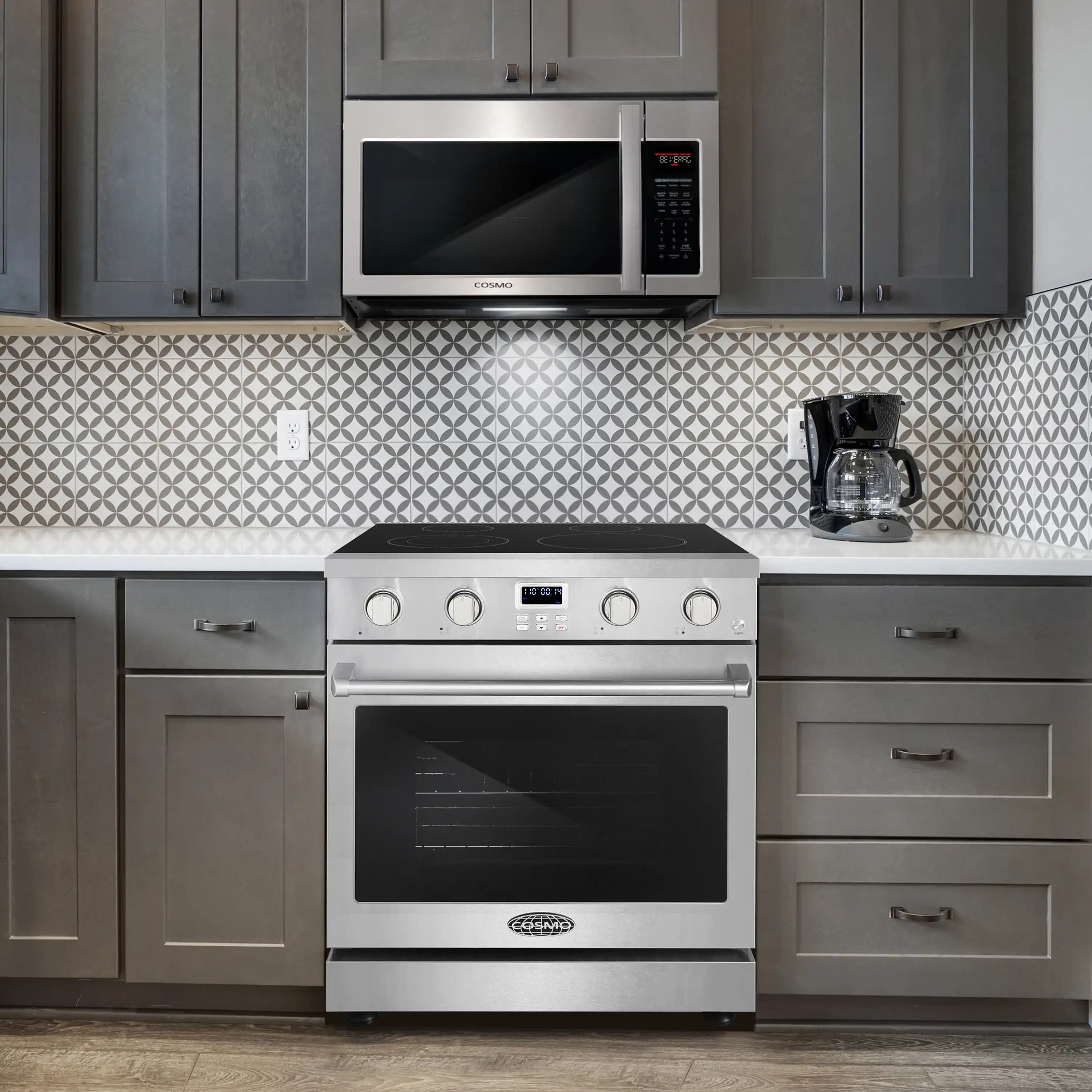 Stainless electric range with black glass cooktop and convection oven, front view