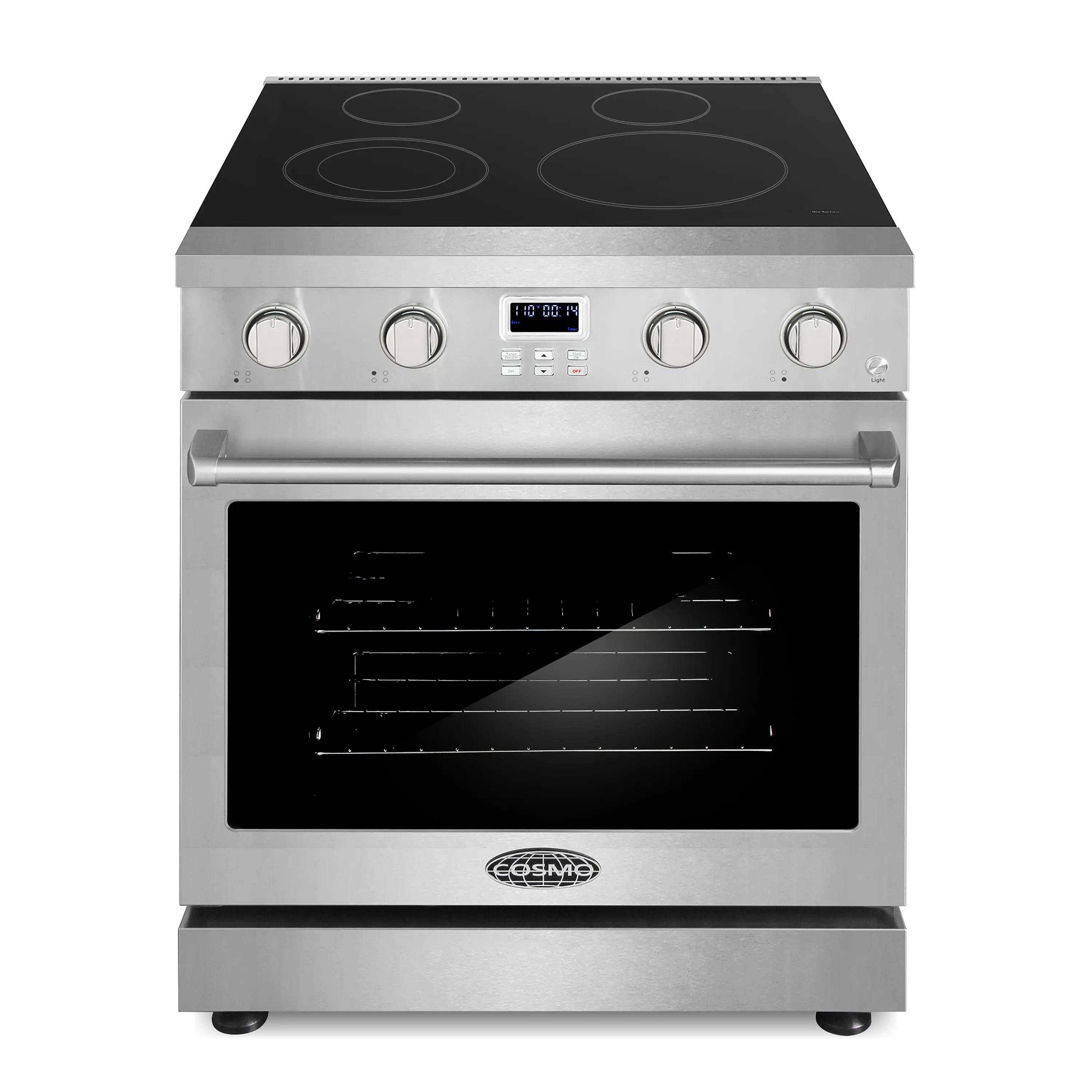 Stainless steel electric range with black glass cooktop and convection oven door