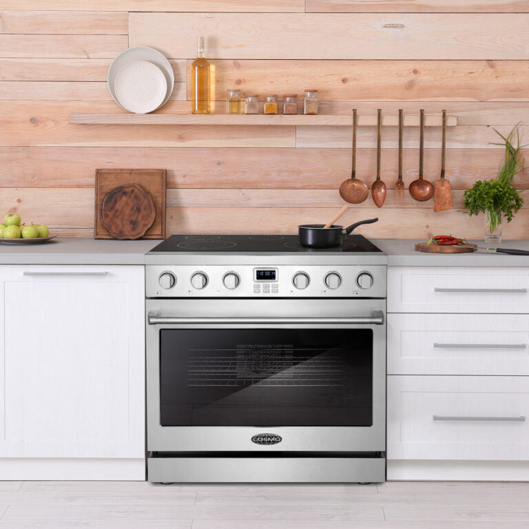 Stainless steel electric range with black glass cooktop and oven door