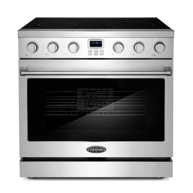 Stainless steel electric range with black glass cooktop and control panel, oven closed