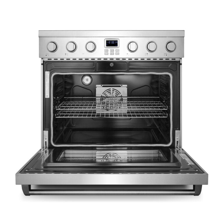 Stainless steel electric range with open oven door, racks, and bake chamber