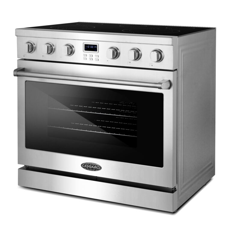 Cosmo electric range with stainless oven door, black glass cooktop, and front control knobs