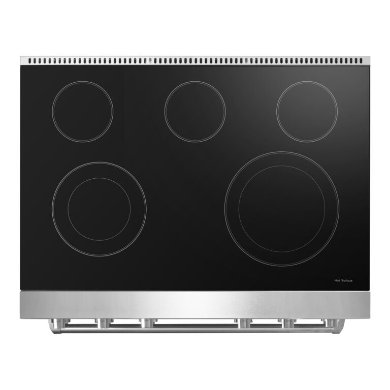Cosmo electric range cooktop with five circular heating elements on black glass