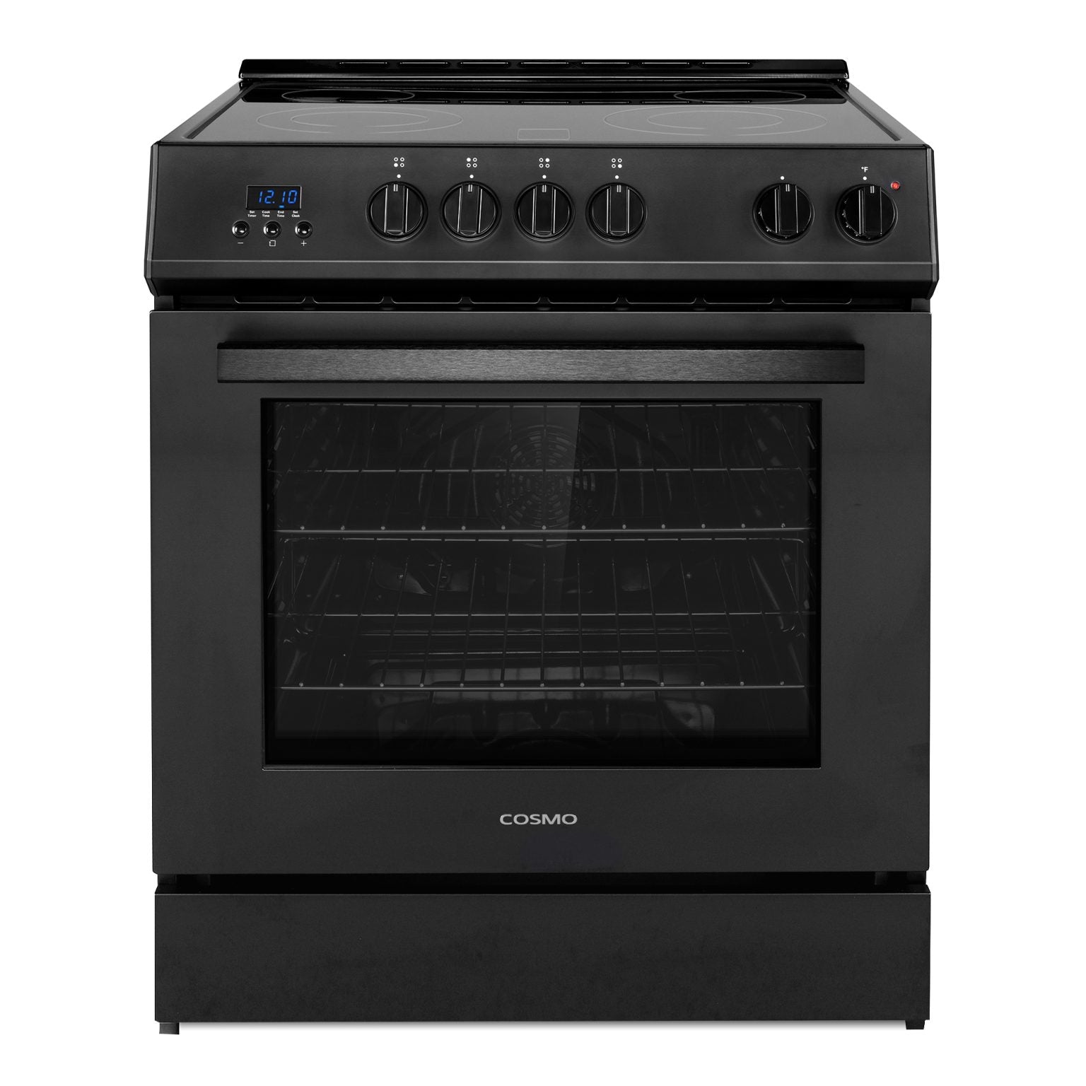 Matte black electric range with convection oven, front control panel with digital display
