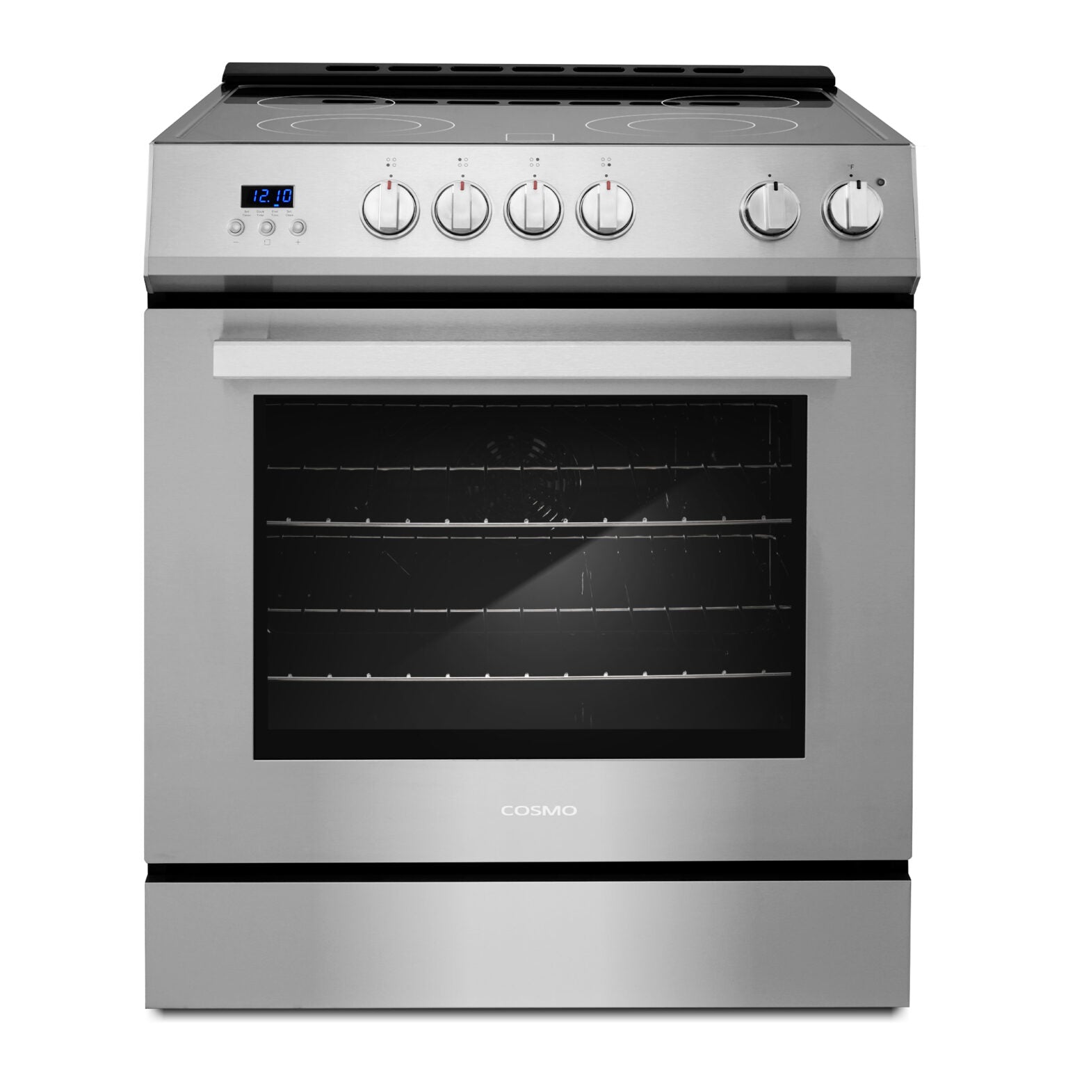 Stainless electric range front view with black cooktop, 6 knobs, and oven window
