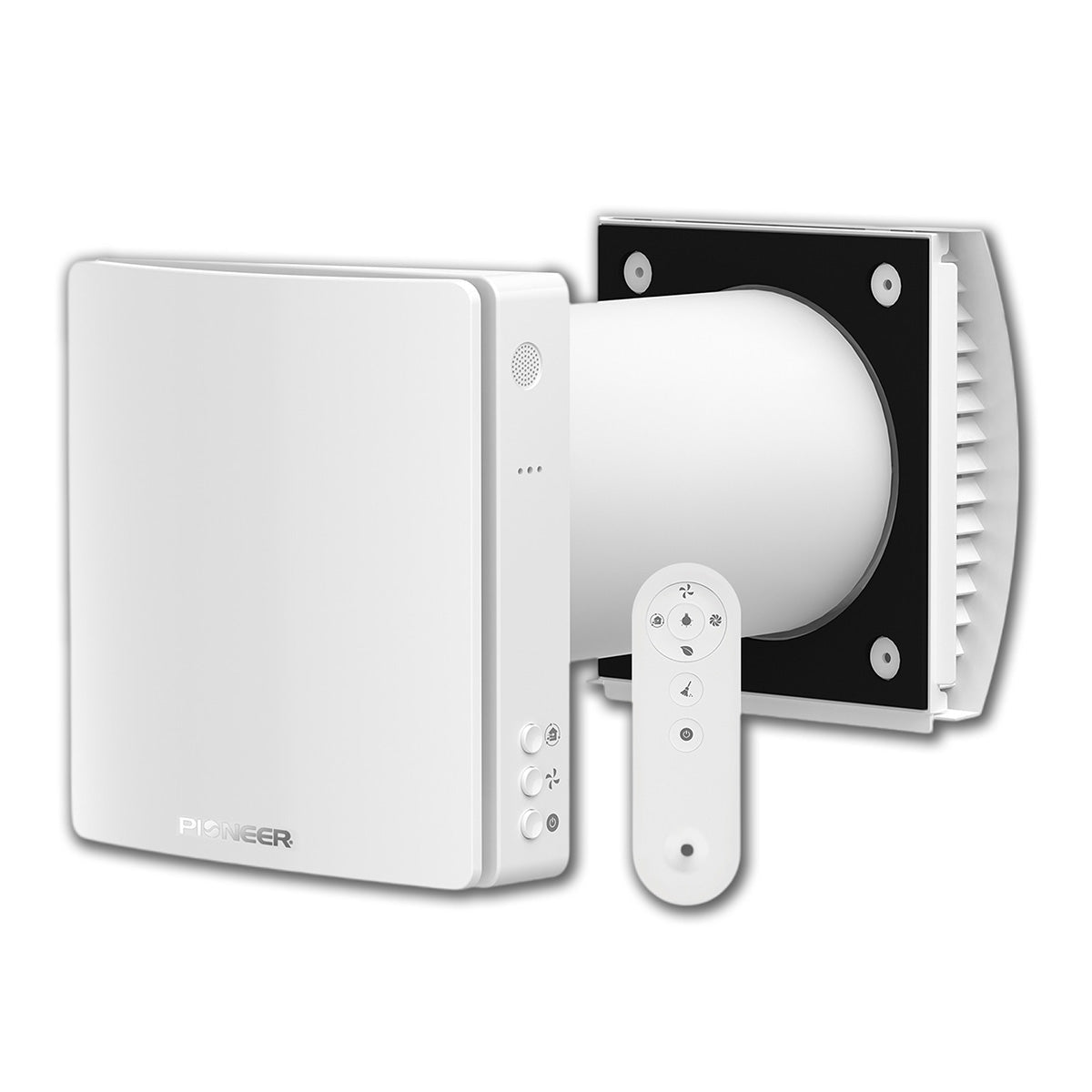 White ductless wall-mounted energy recovery ventilator with circular control access panel