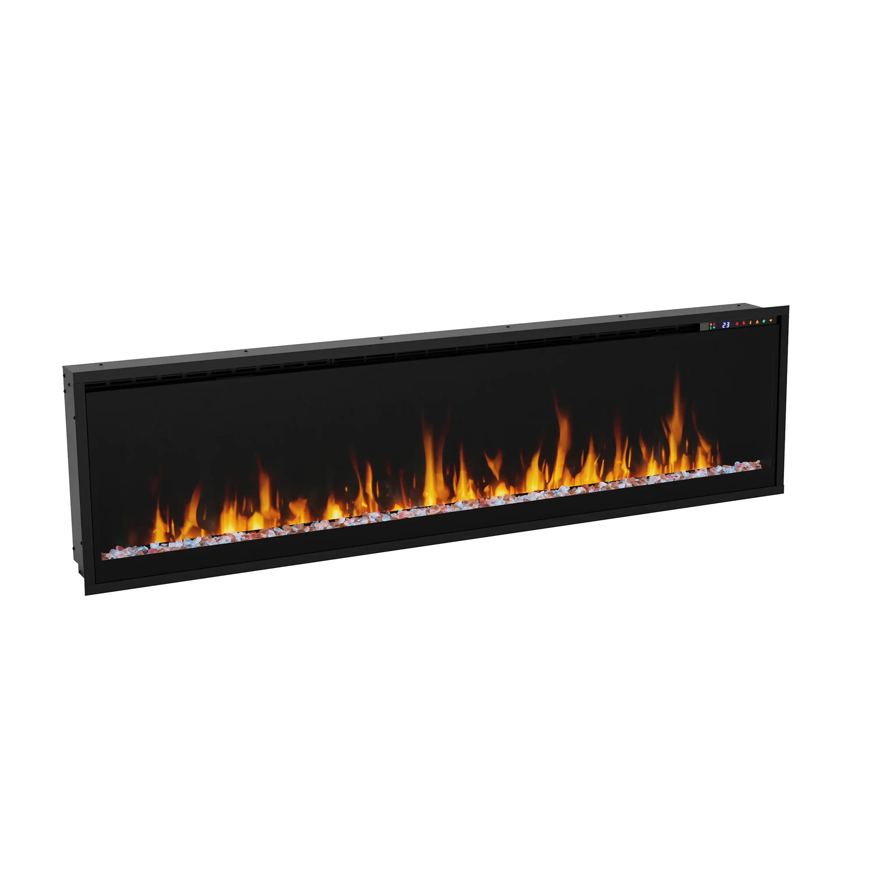 Black linear electric fireplace with orange flame effect, angled view
