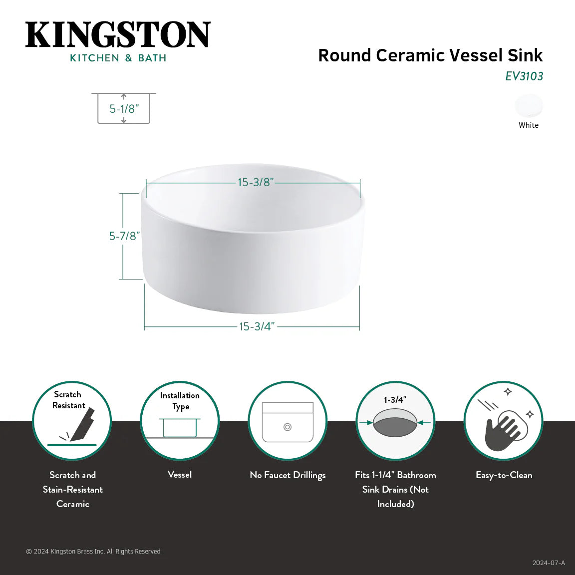 White round ceramic vessel sink with measurements and feature icons