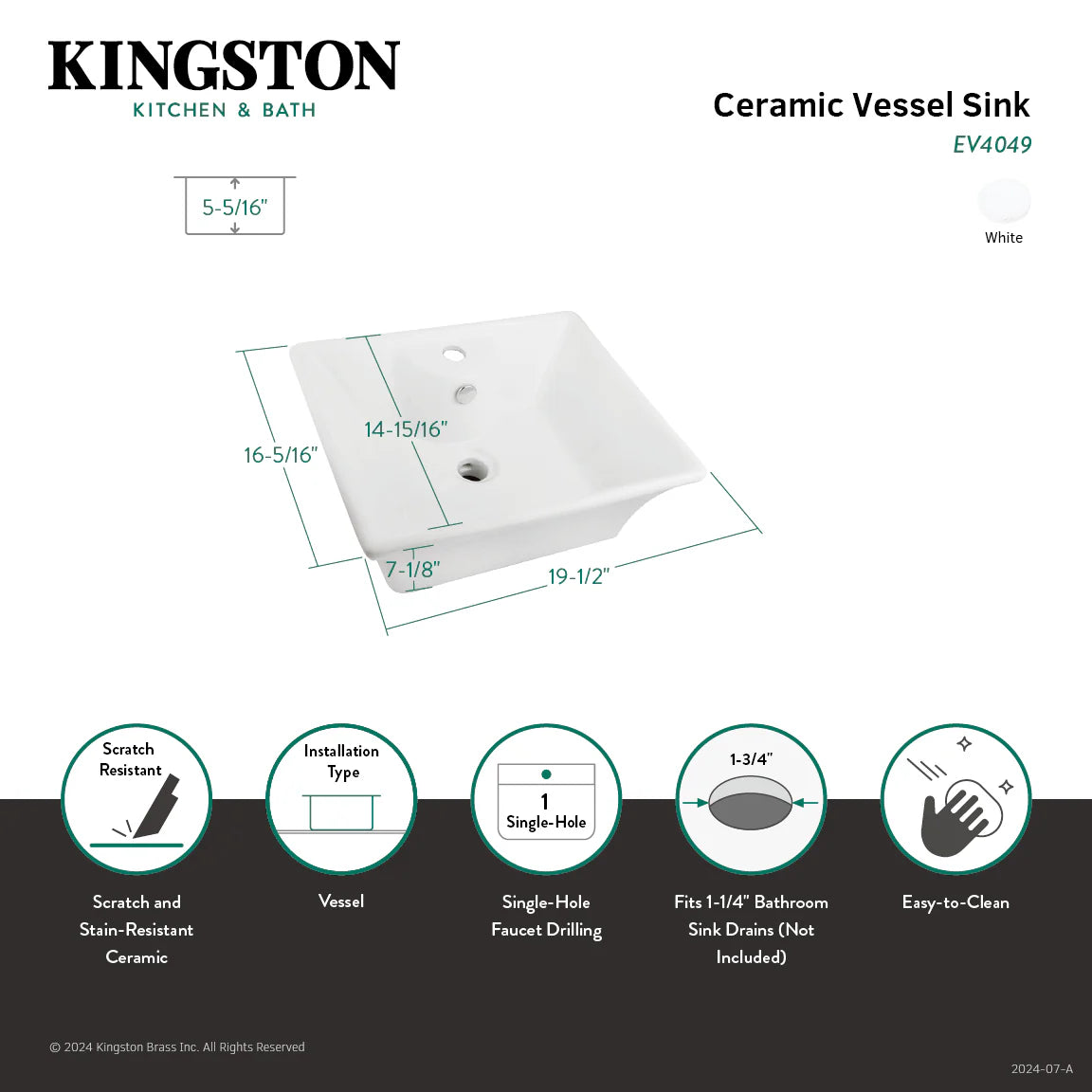 White ceramic vessel sink diagram showing rectangular shape and cutout dimensions