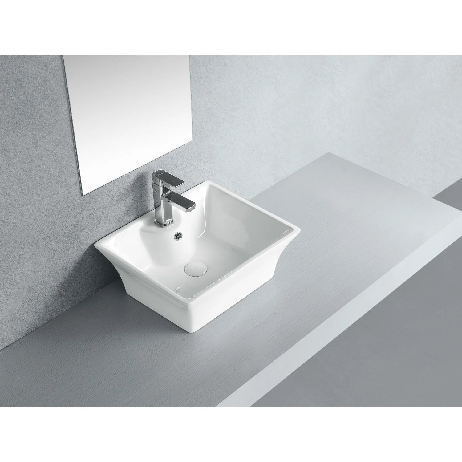 White ceramic rectangular vessel sink with integrated overflow and single faucet hole