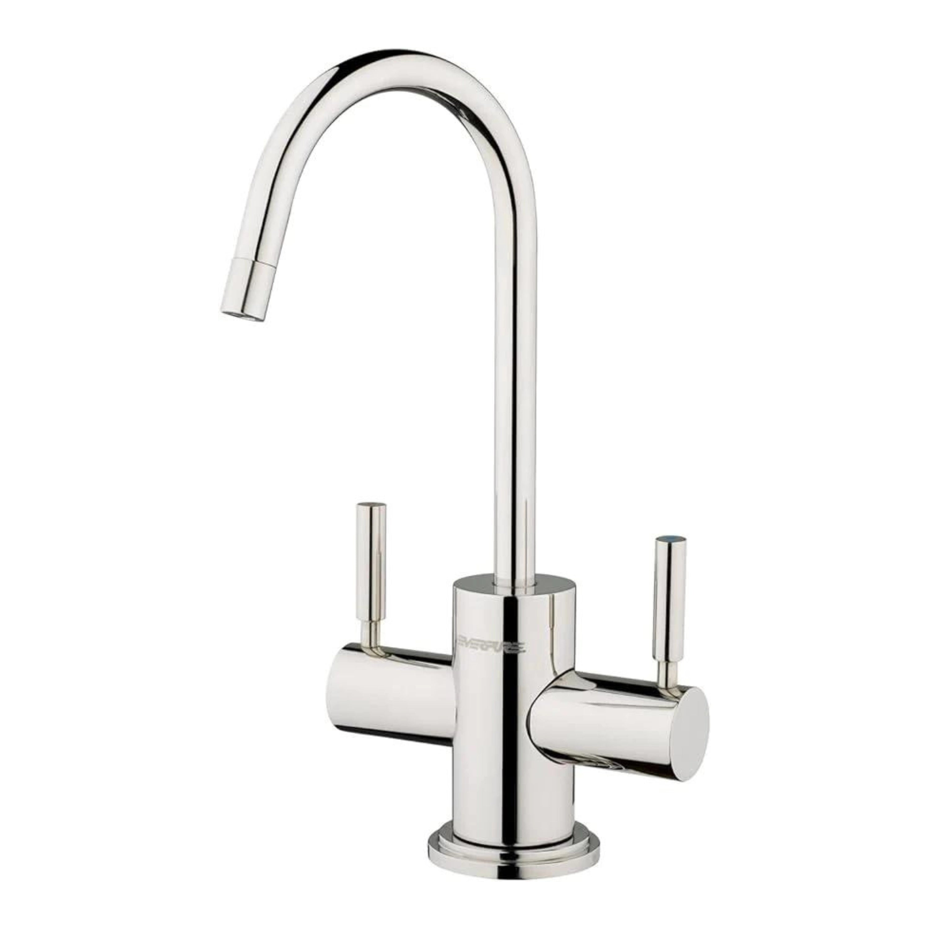 Polished stainless steel drinking water faucet with tall curved spout and side controls