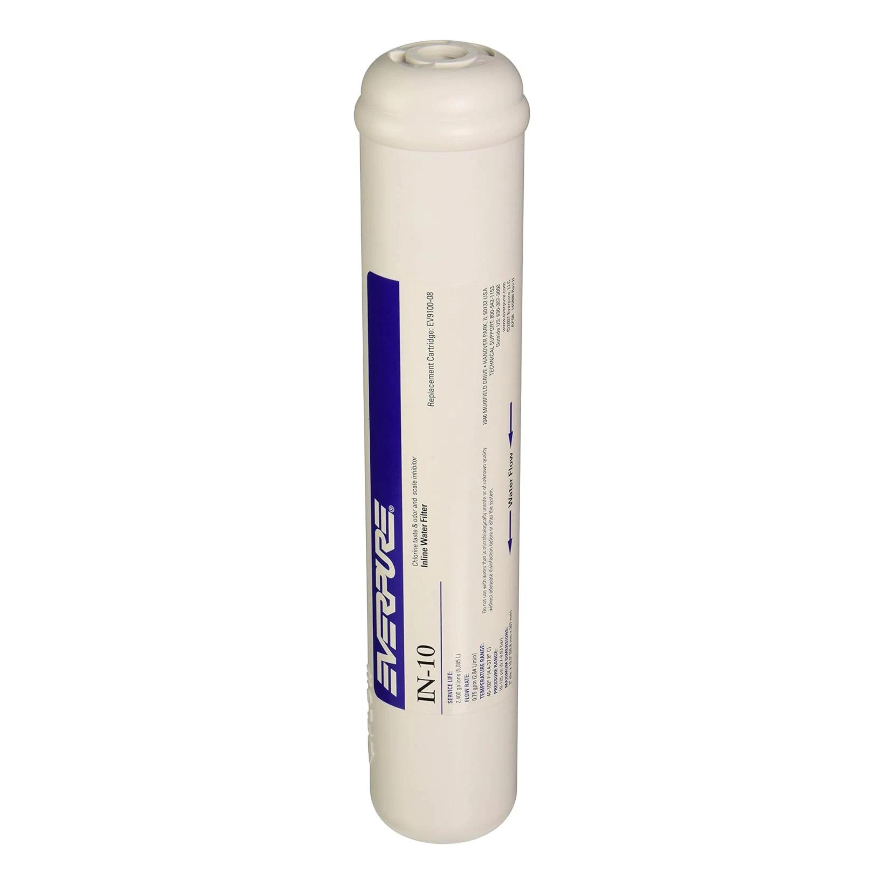 EverPure in-line water filter cartridge, white cylindrical housing, EV9100-08
