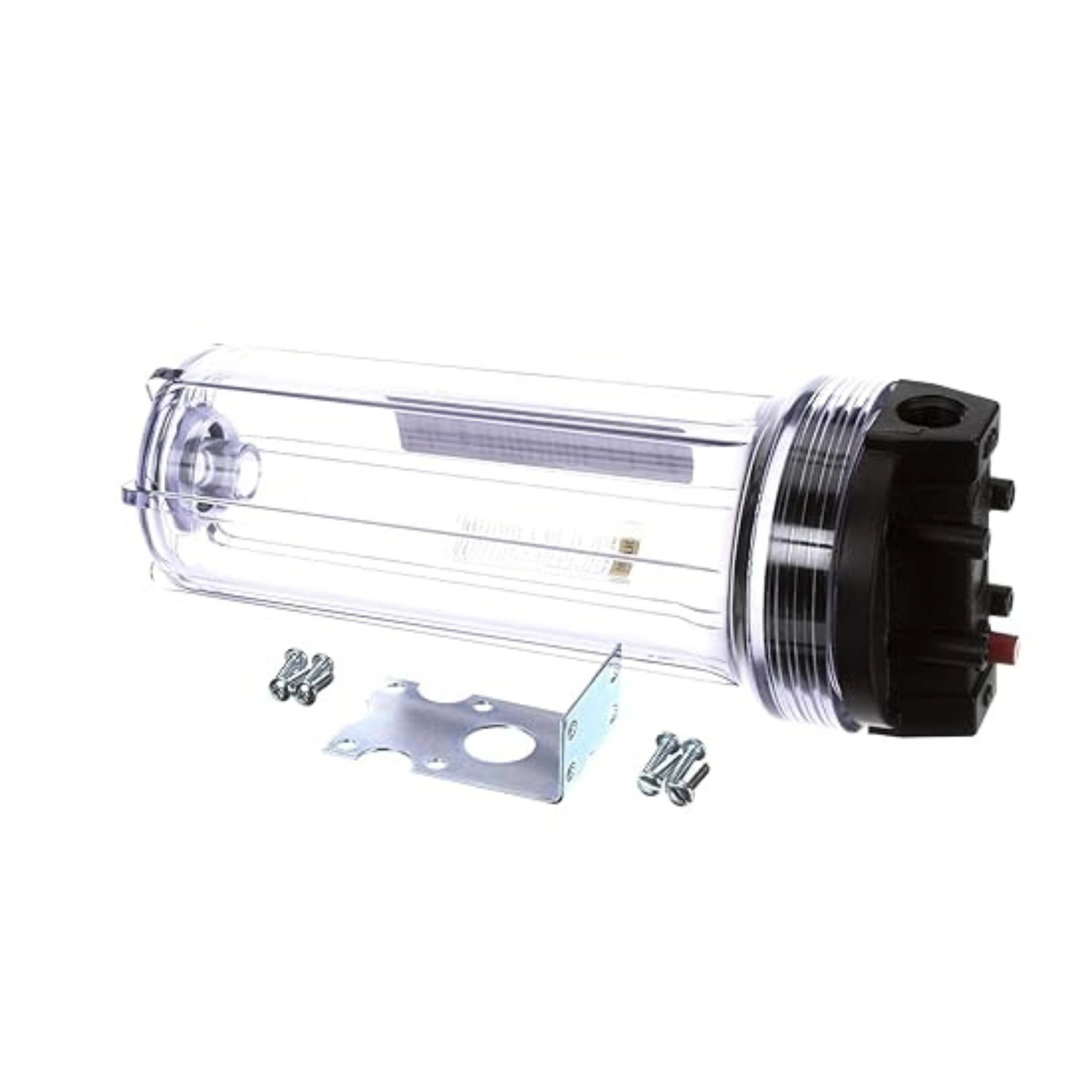 Everpure A-10 filter housing with clear canister, black end cap, bracket and screws