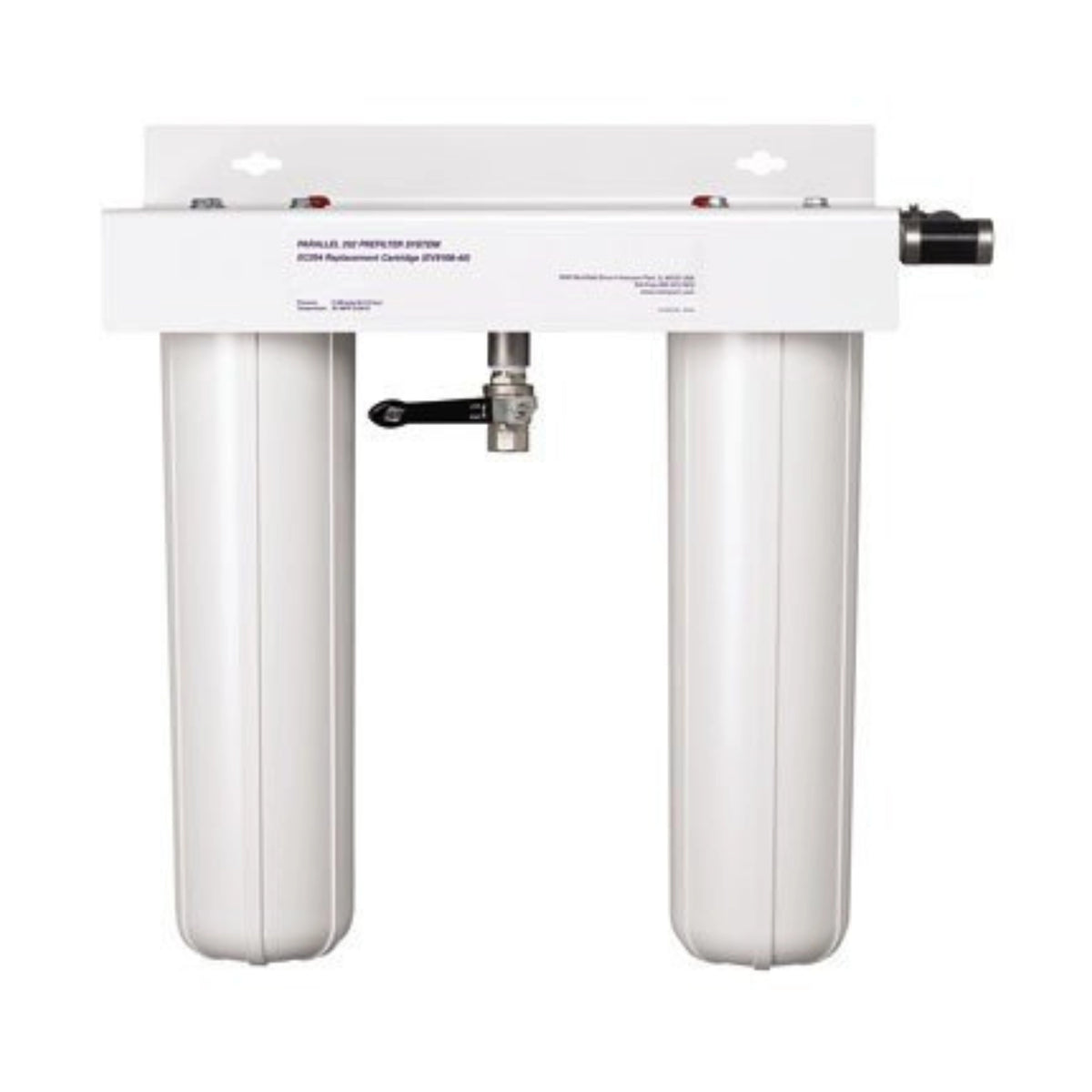 Whole house water prefilter system with two white filter housings and inlet/outlet manifold
