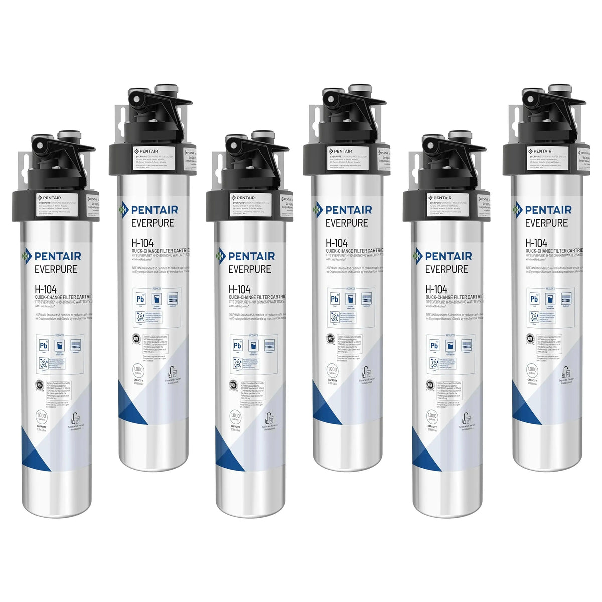 Everpure H-104 drinking water system filter cartridge, white cylinder with black top and labels