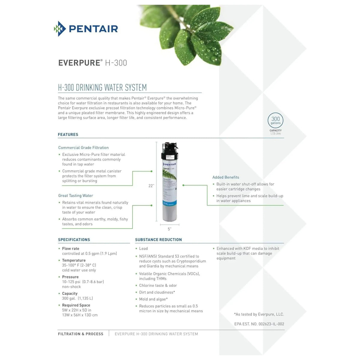 Drinking water filter system info sheet with small H-300 cartridge and 300-capacity mark