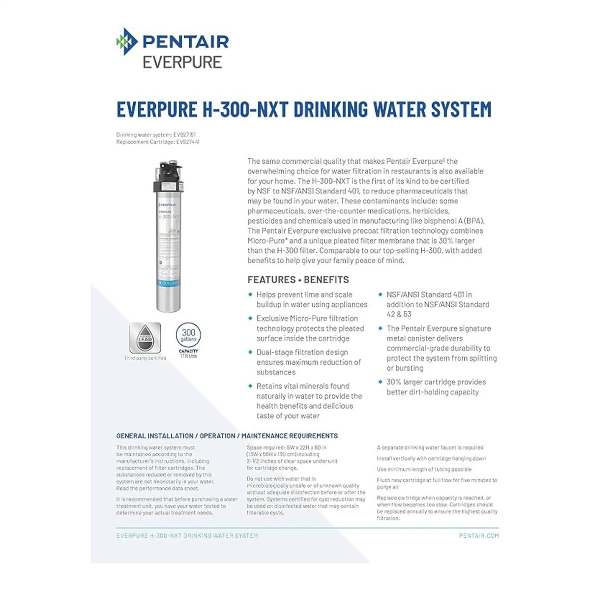 Everpure H-300-NXT drinking water system information sheet with cartridge diagram