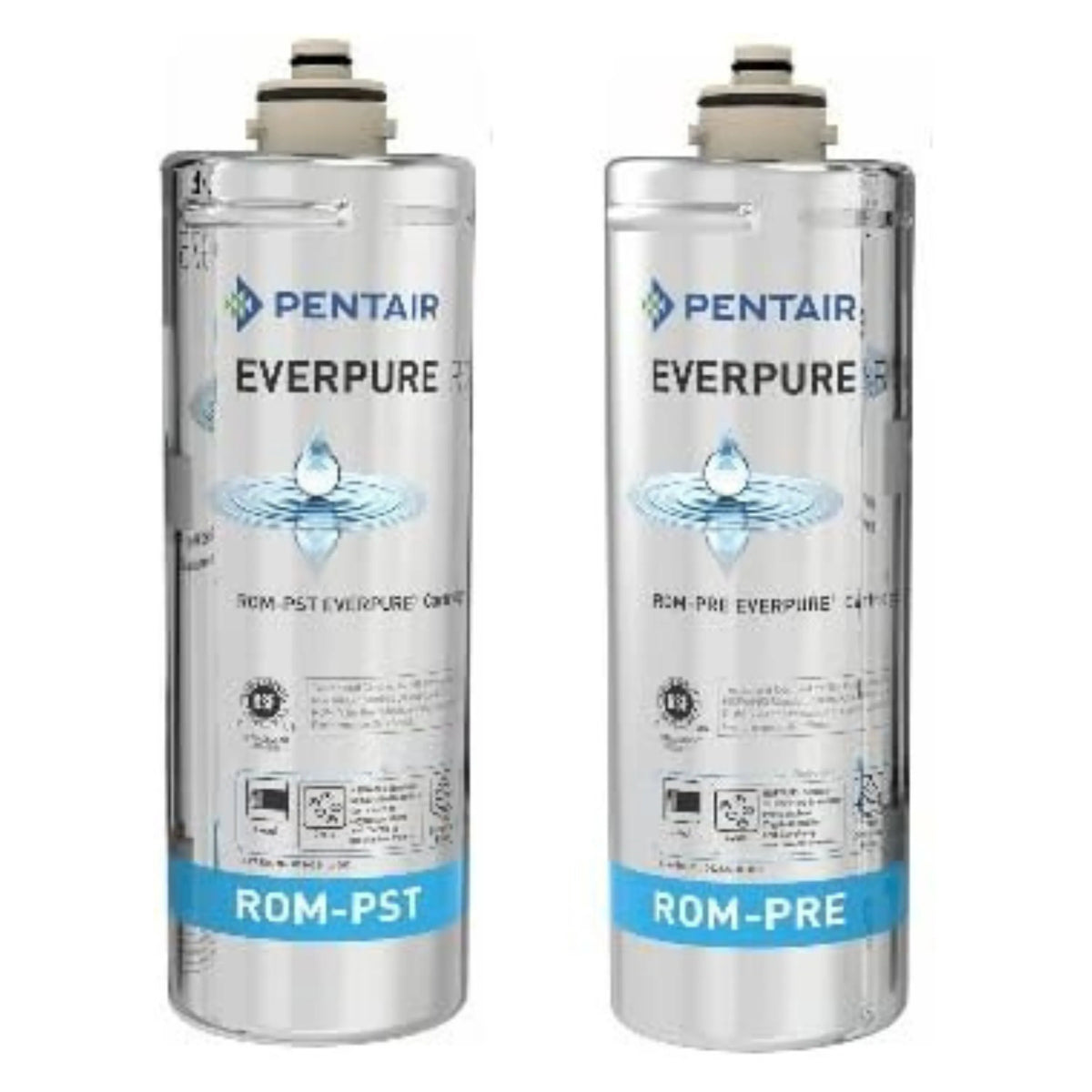 Twin water filter cartridges with clear canisters, gray tops, and blue ROM-PRE/ROM-PST labels