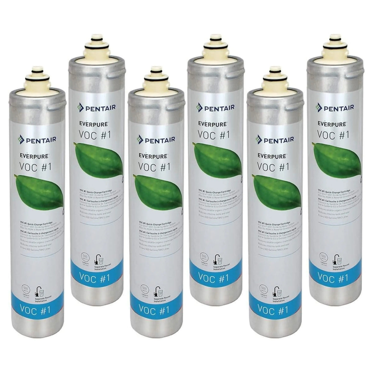 Pentair Everpure VOC #1 quick-change filter cartridges, 6-pack, white cylinders with green label