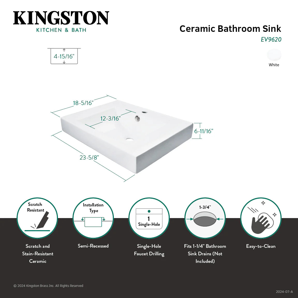 White ceramic rectangular sink with two basin openings: faucet hole and drain