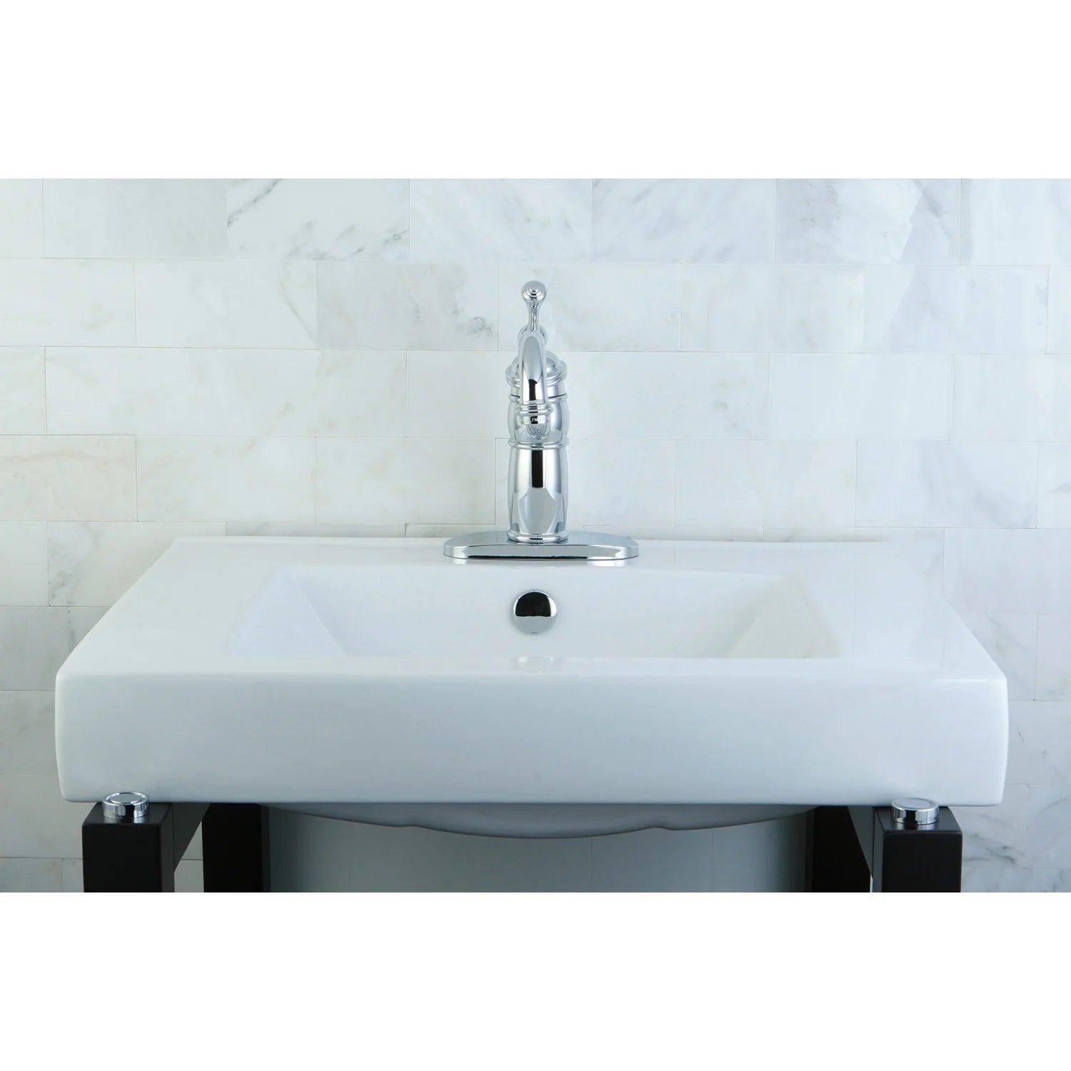 White rectangular semi-recessed sink basin with drain opening