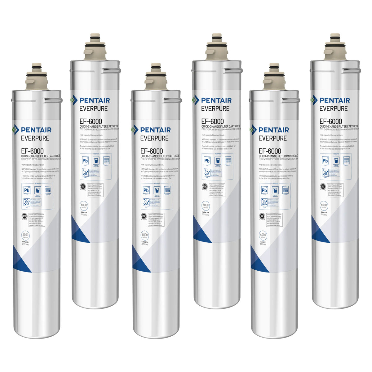 6-pack Pentair Everpure EF-6000 quick-change filter cartridges, white canisters with caps