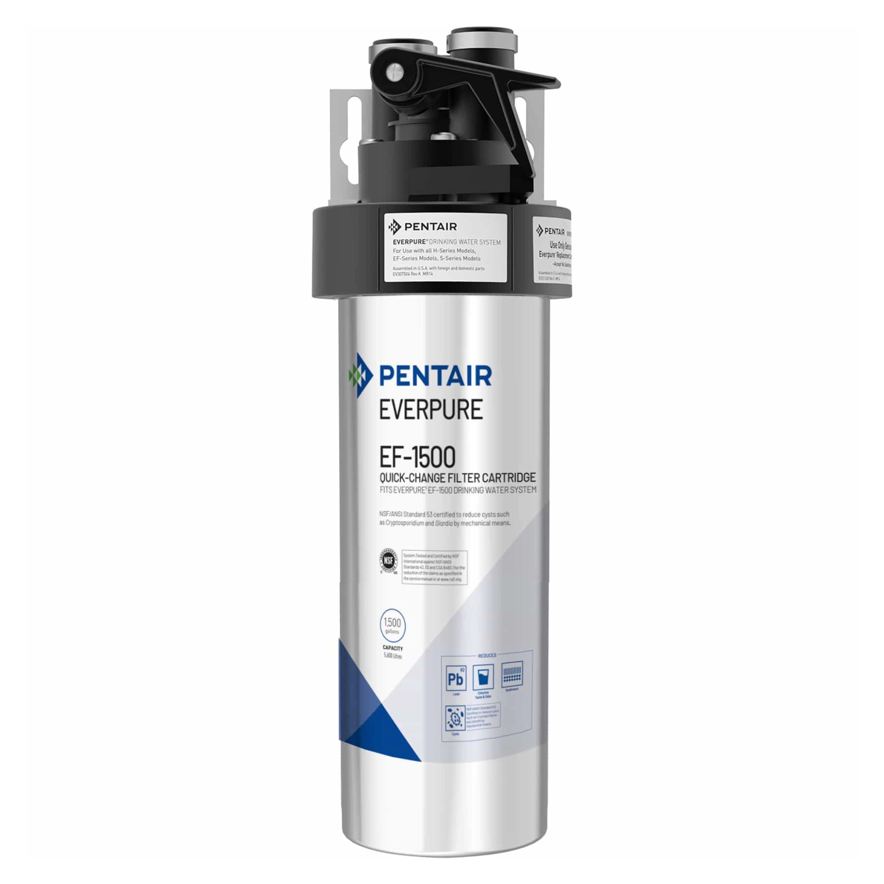 Stainless filter cartridge with black head and Pentair Everpure EF-1500 label