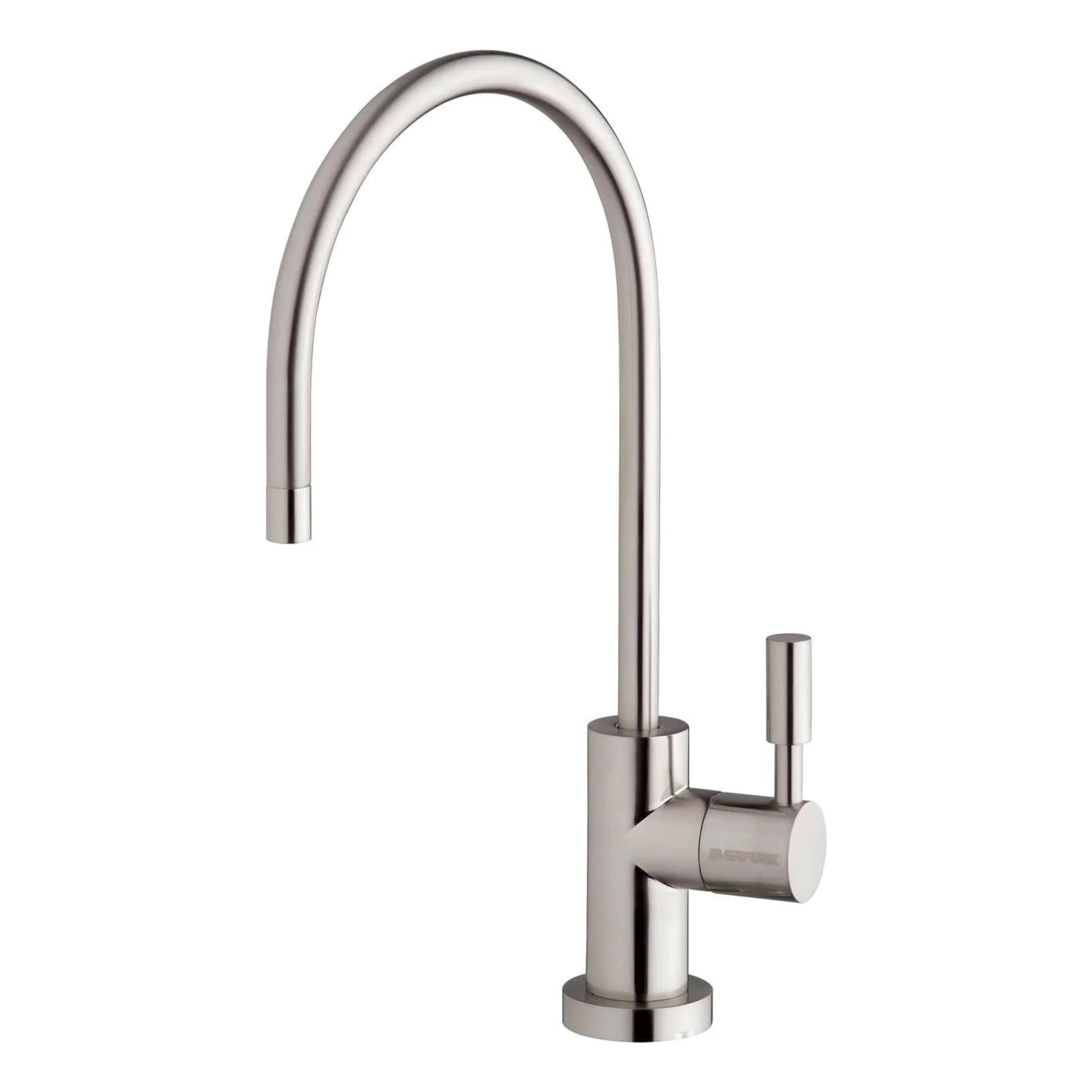 Brushed nickel drinking water faucet with tall curved spout and cylindrical control