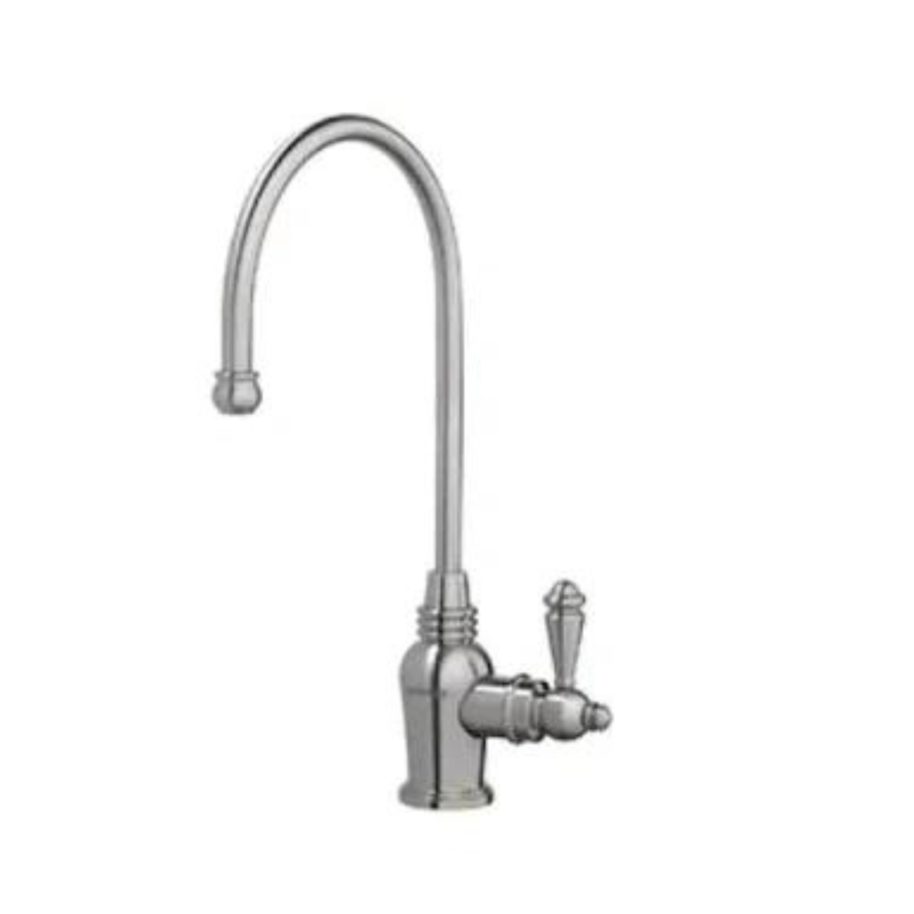 Brushed nickel drinking water faucet with tall gooseneck spout and lever handle