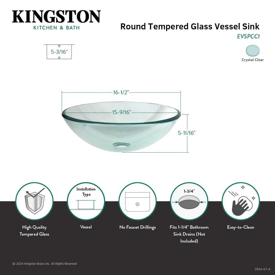 Round tempered glass vessel sink in crystal-clear glass with drain hole
