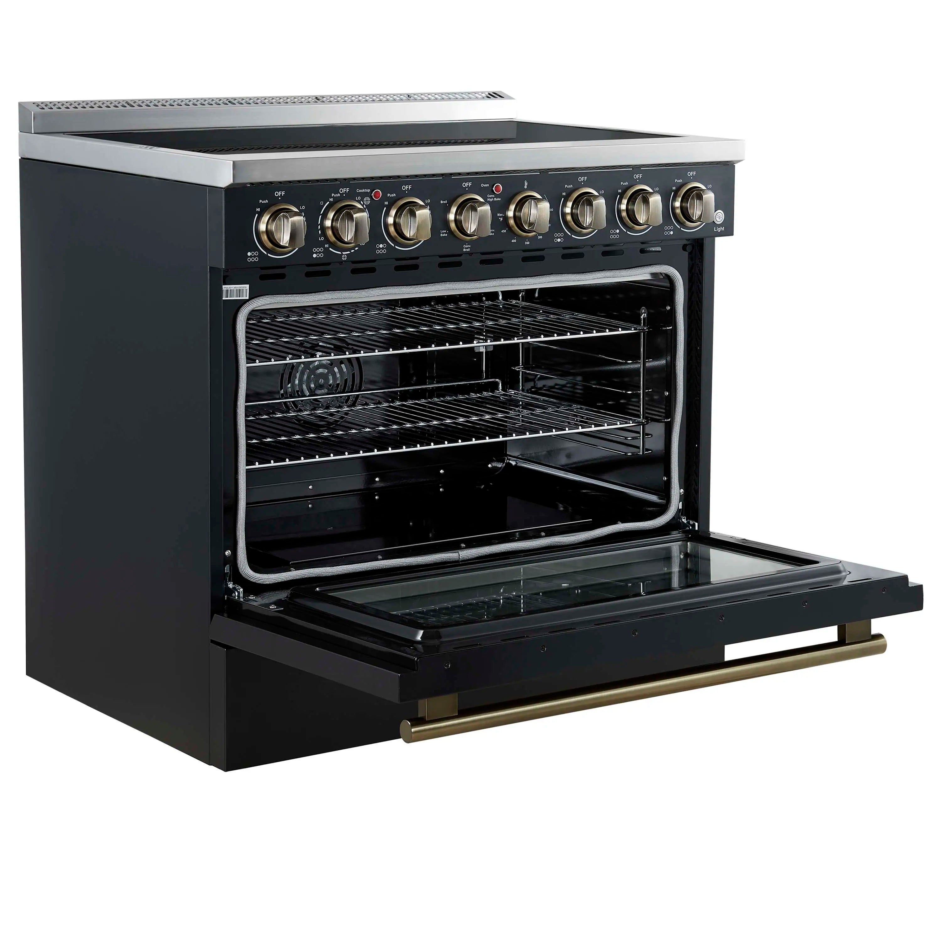 Freestanding electric range with oven door open, dark interior and wire bake rack