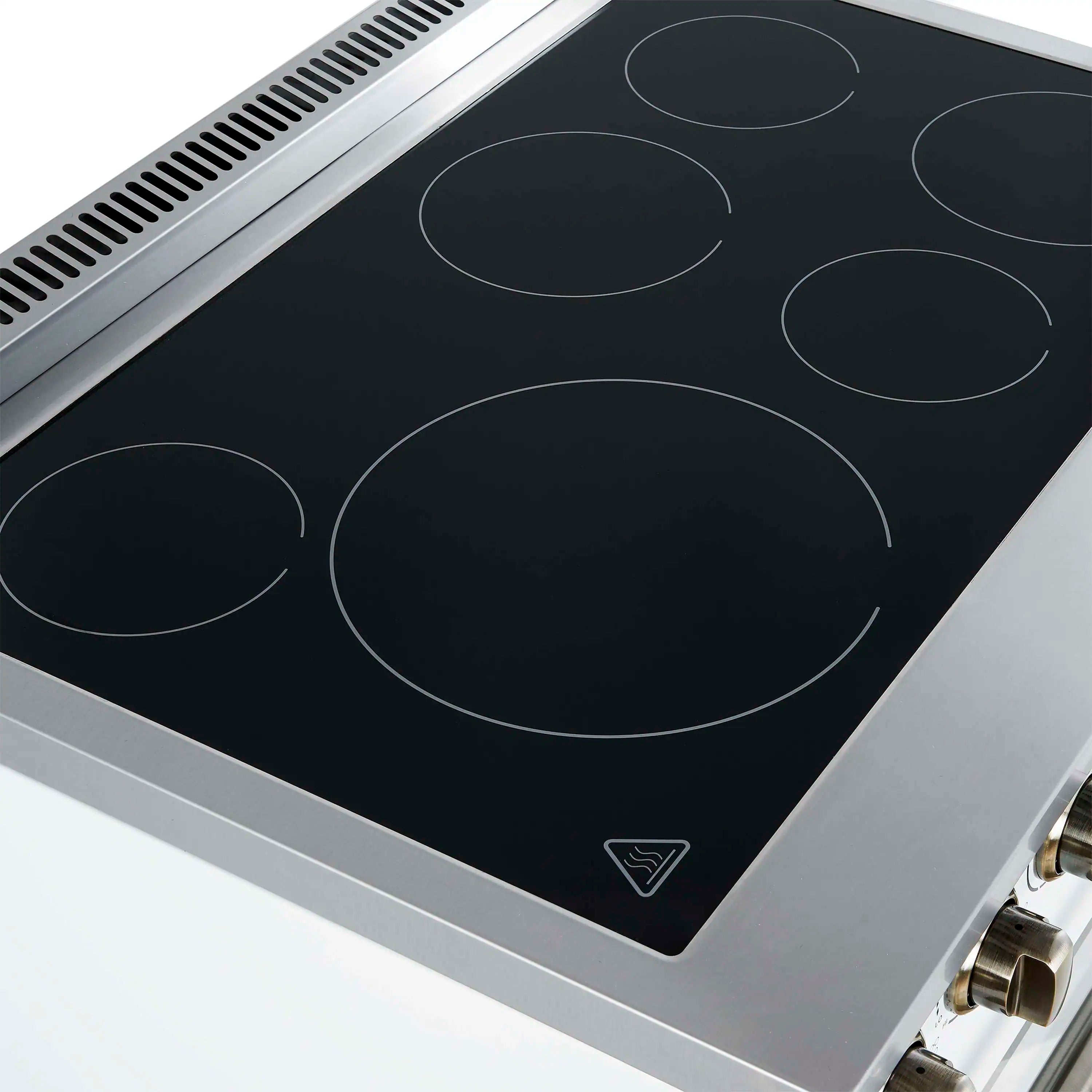 White radiant cooktop with five small circles and one large center burner