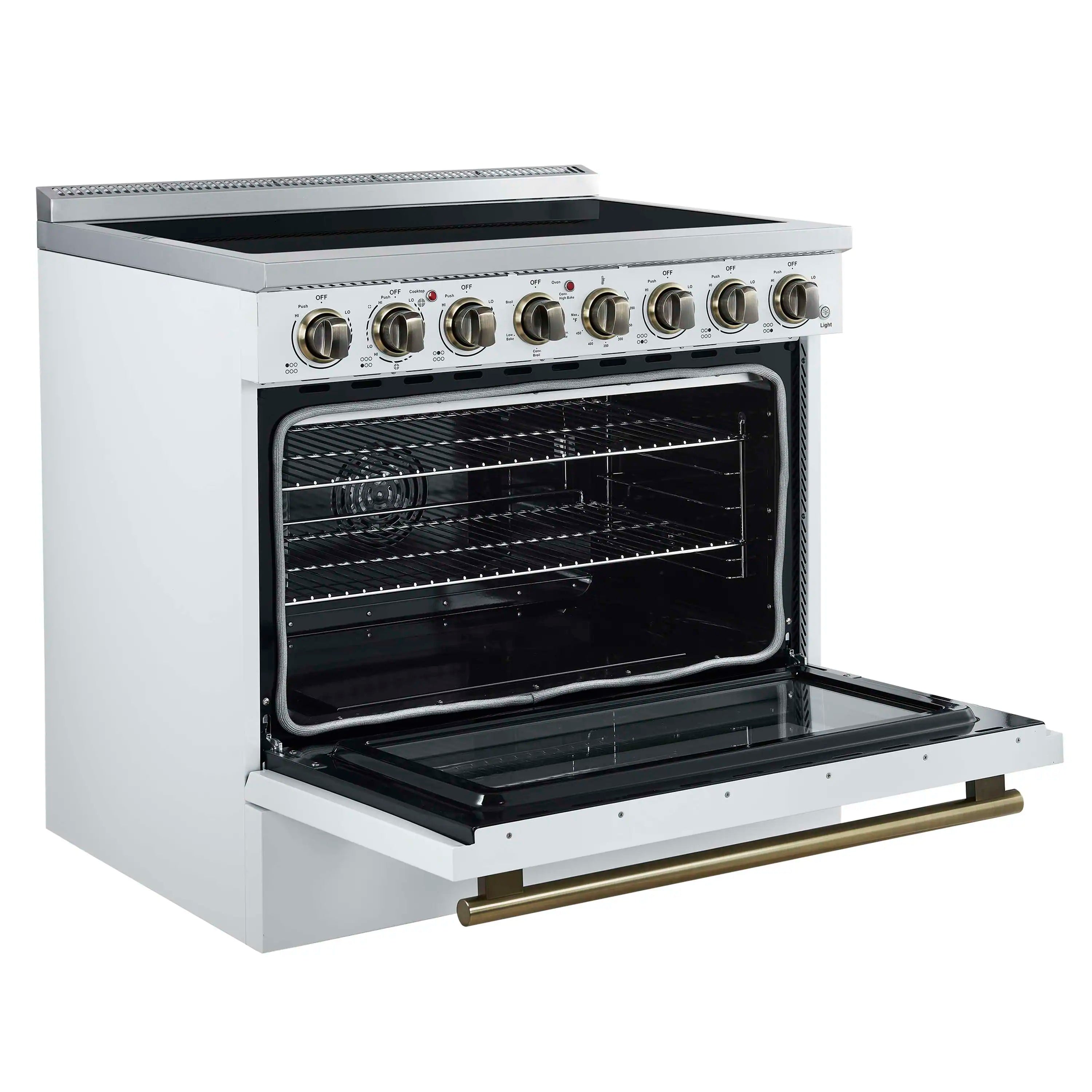 Electric range with open oven door showing wire racks and dark interior cavity