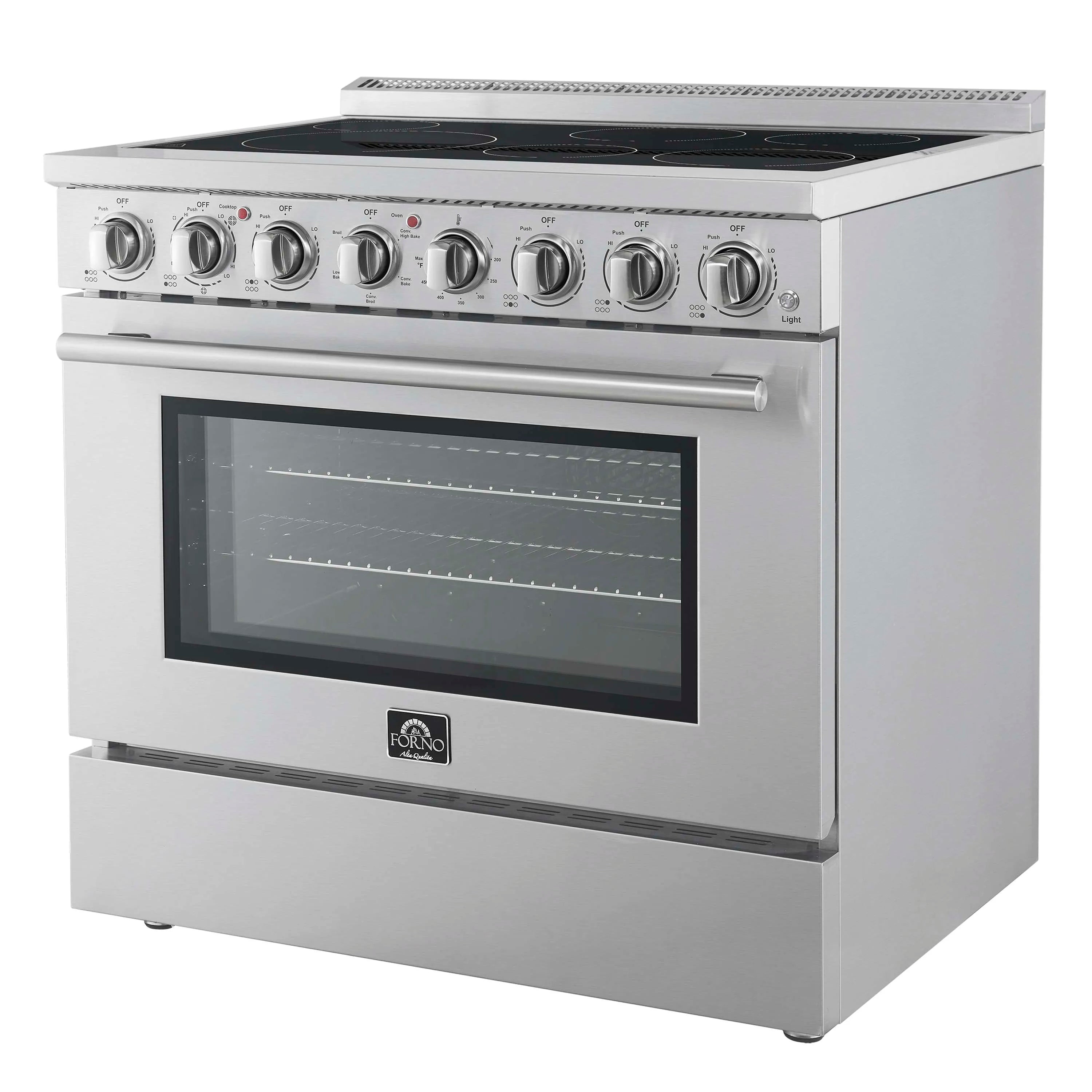 Stainless electric range with black cooktop and oven door window